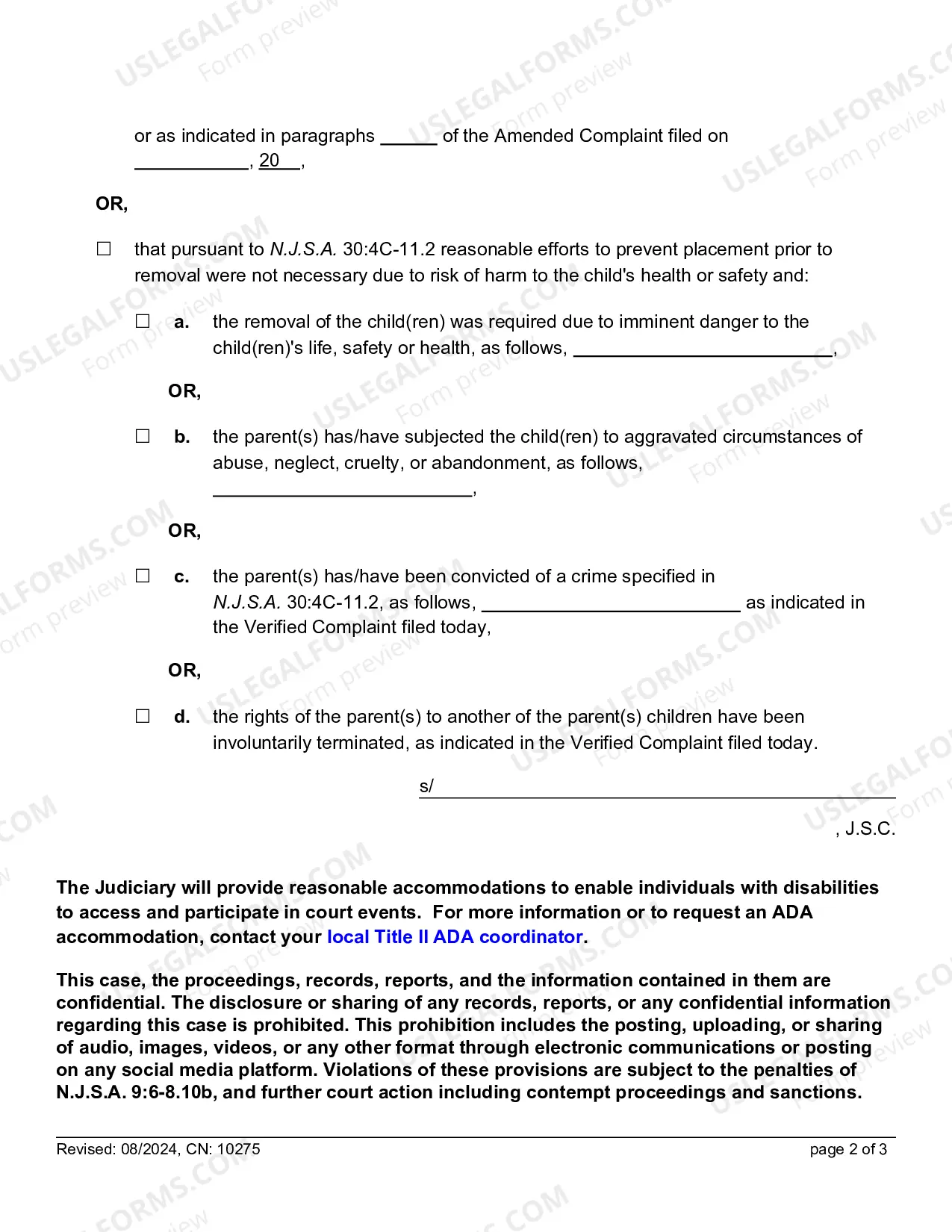 Preview Supplemental Order** (Word form) to be used for court approval of out-of-home placement(s) of child(ren) during ongoing litigation