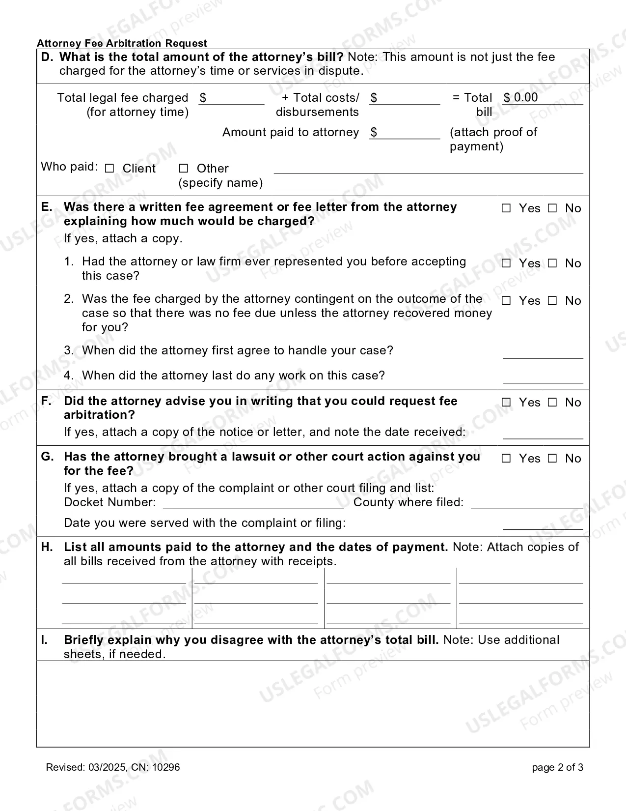 Preview Request for Fee Arbitration Form