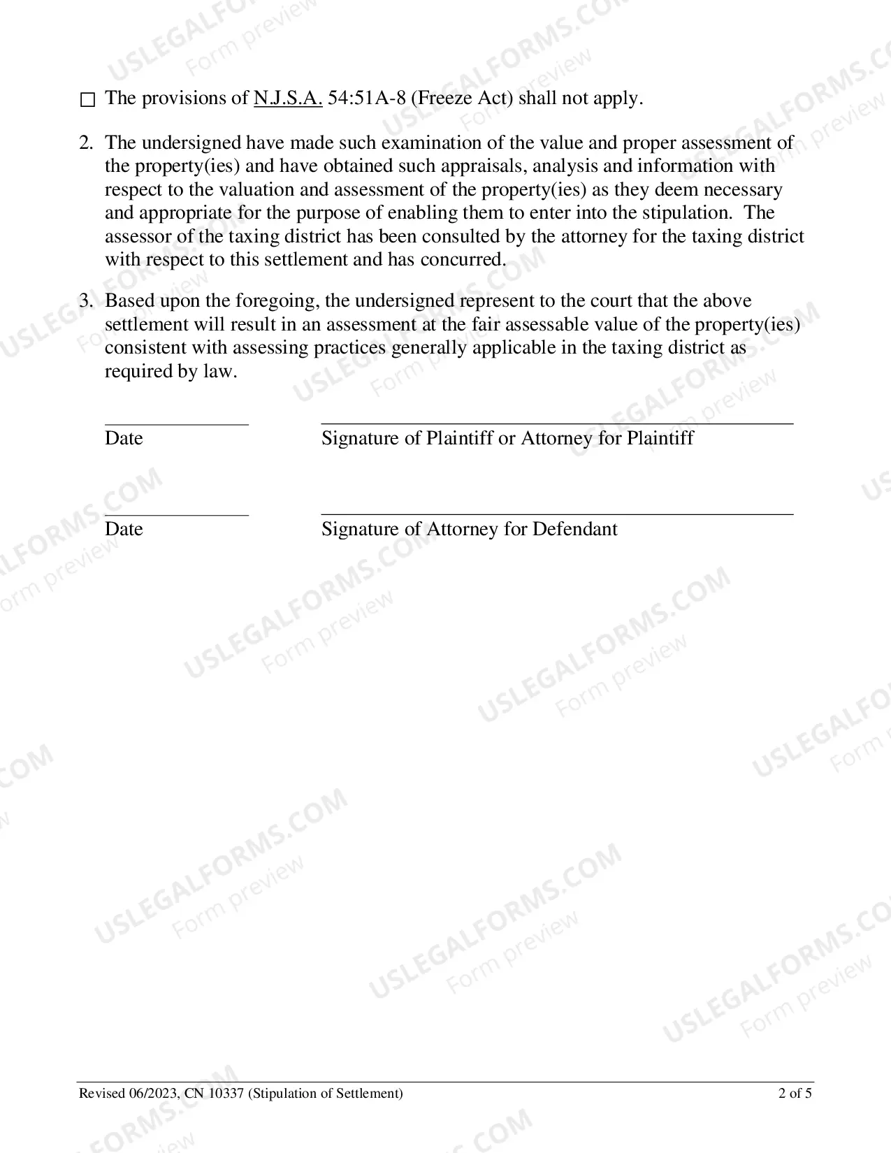 Preview Stipulation of Settlement Form