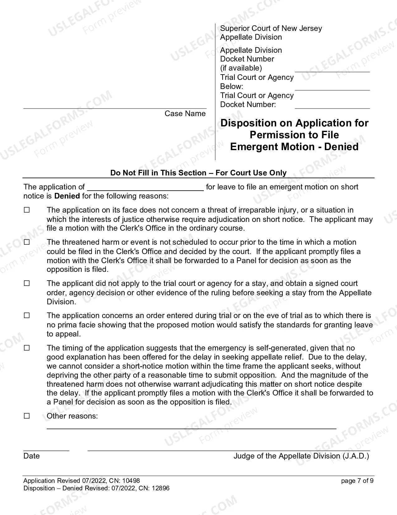 Preview Application for Permission to File Emergent Motion with Instructions