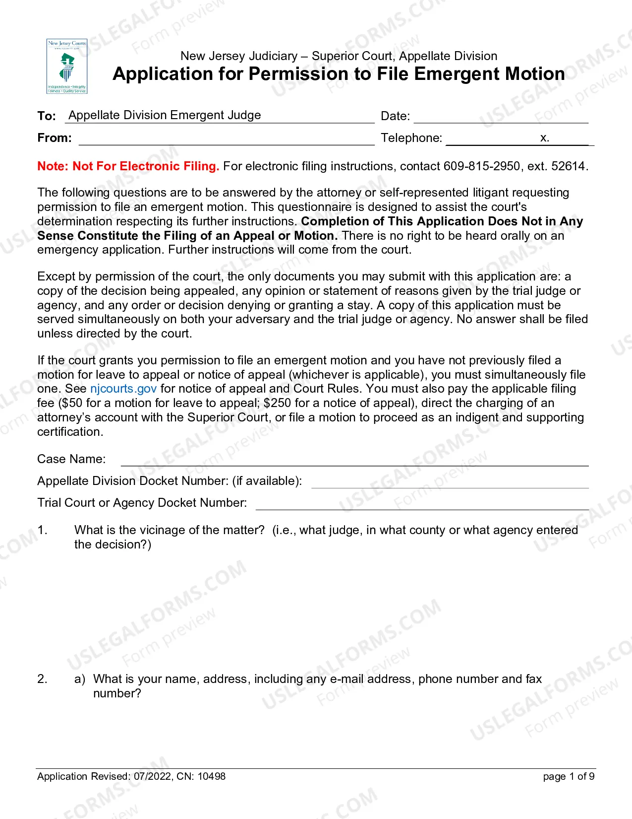 Preview Application for Permission to File Emergent Motion with Instructions