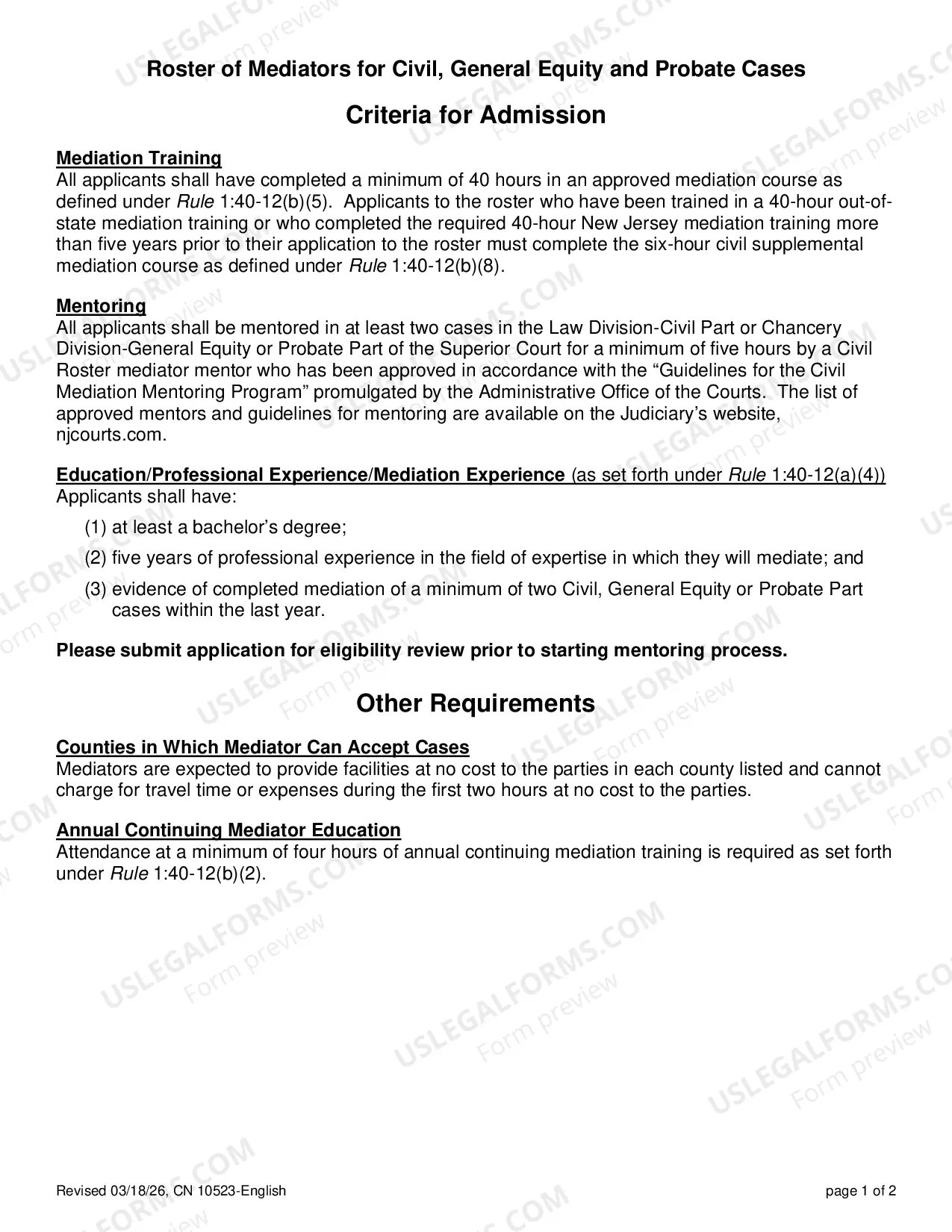 Preview Application for Admission to Roster of Mediators for Civil,General Equity and Probate Cases