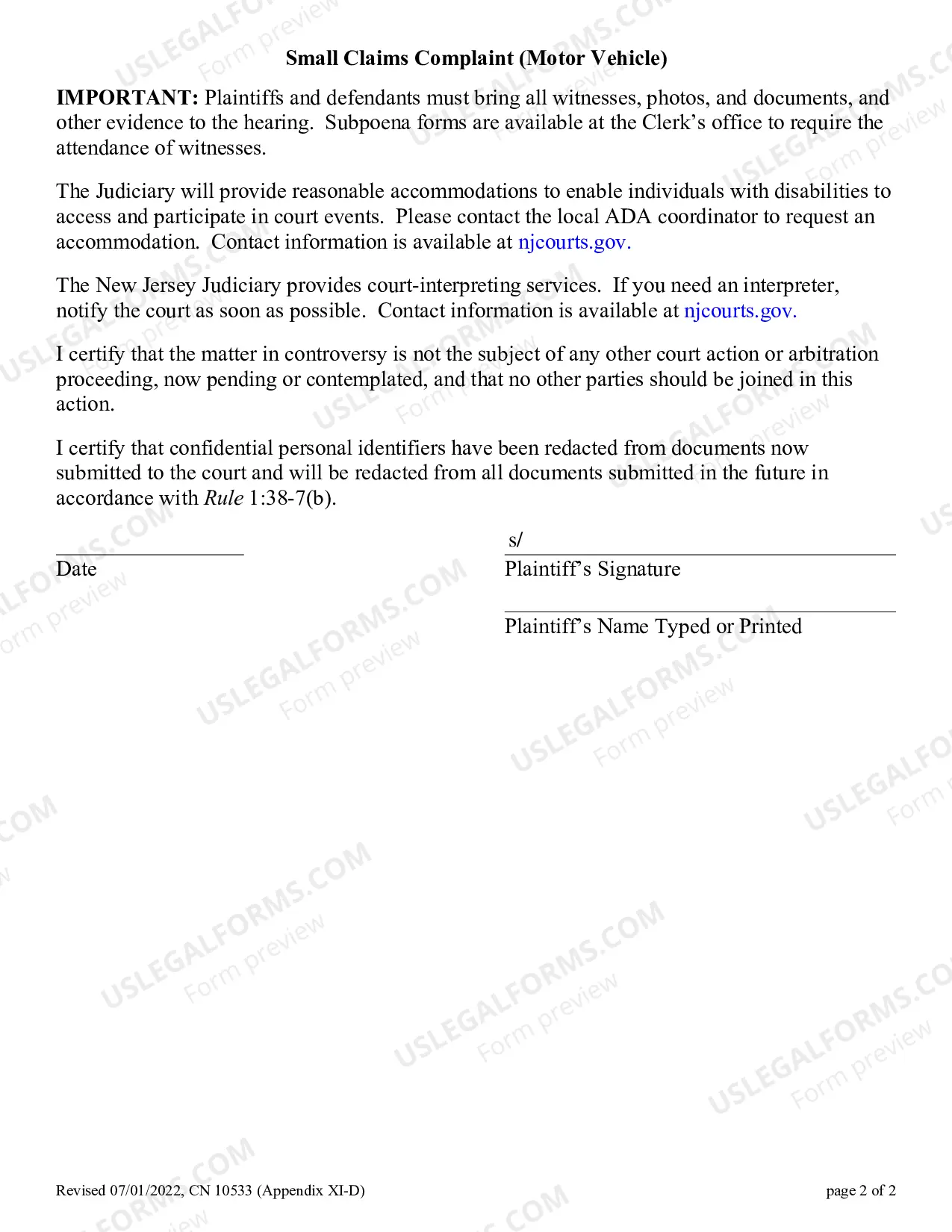 Preview Small Claims Complaint - Motor Vehicle - Appendix XI-D