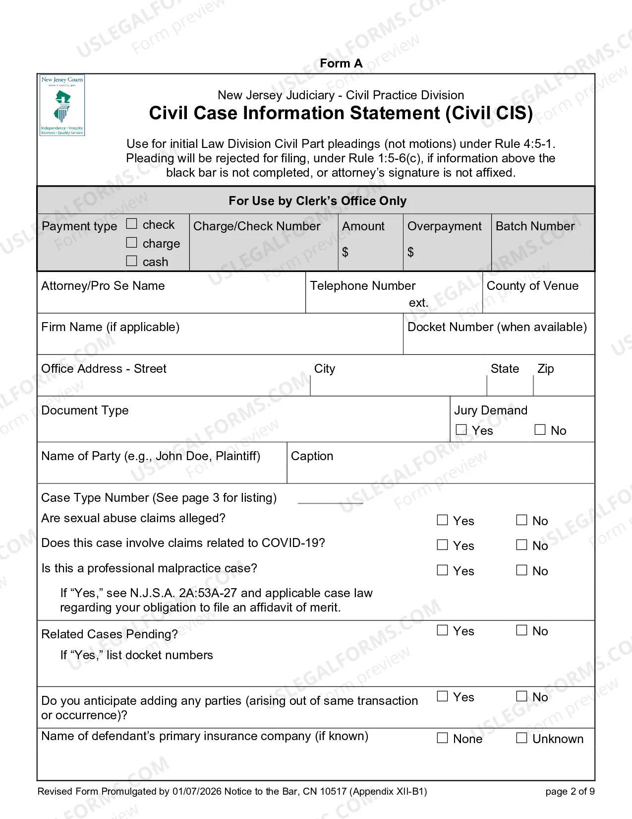 Preview 10517 - Civil Case Information Statement (CIS) Pro Se version with instructions