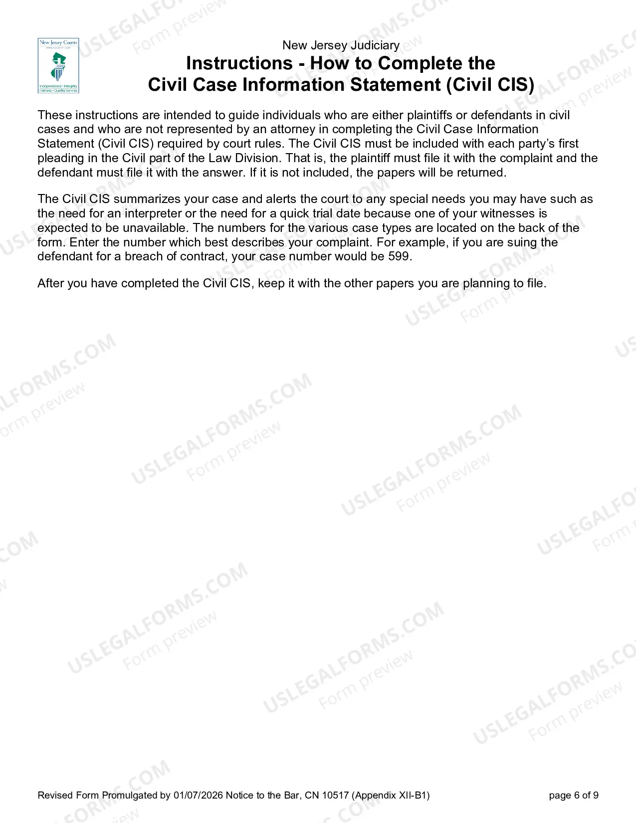 Preview 10517 - Civil Case Information Statement (CIS) Pro Se version with instructions