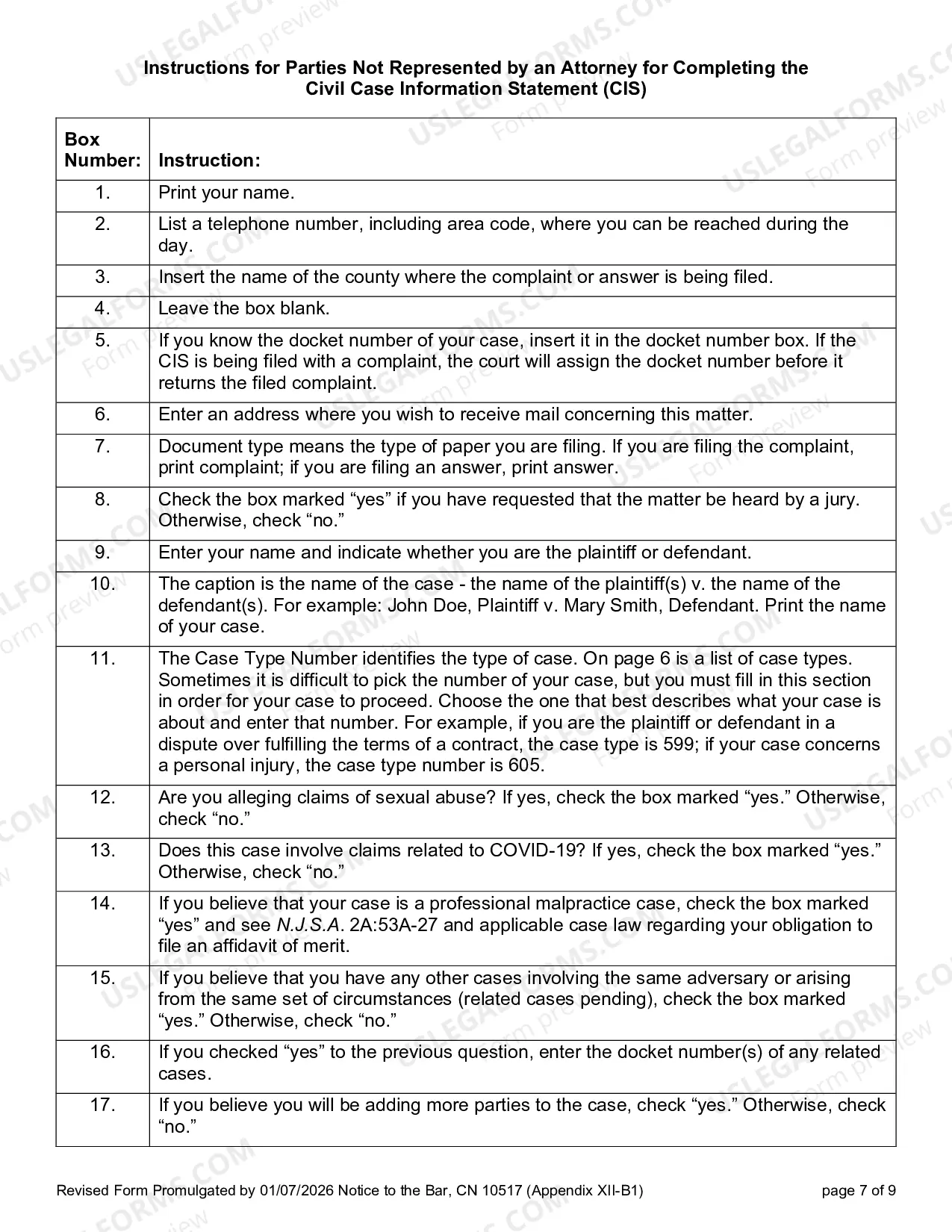 Preview 10517 - Civil Case Information Statement (CIS) Pro Se version with instructions