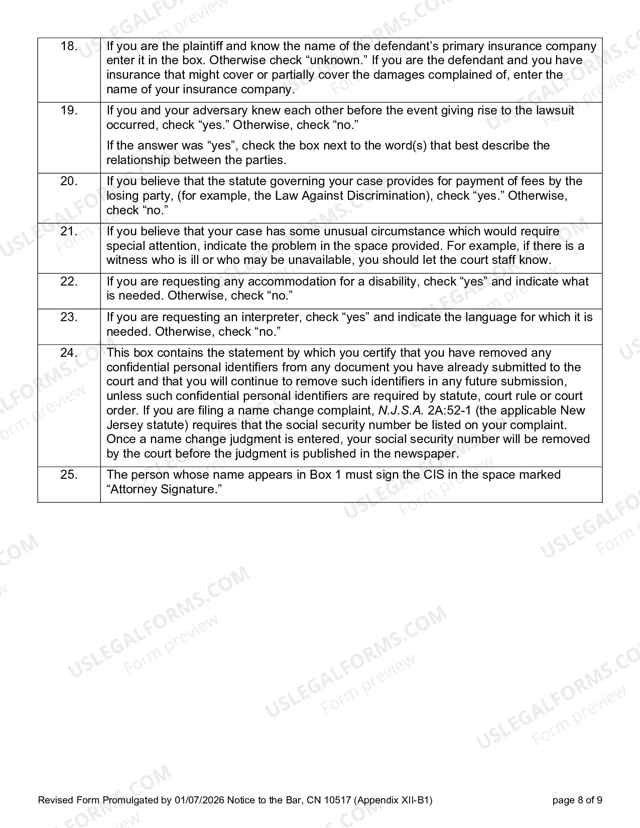Preview 10517 - Civil Case Information Statement (CIS) Pro Se version with instructions