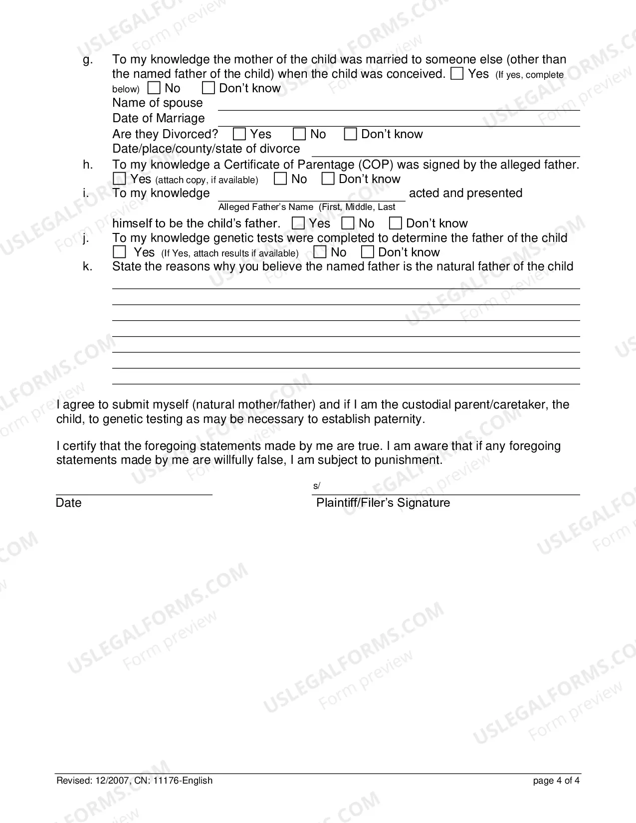 Preview Certification in Support of Establish Paternity