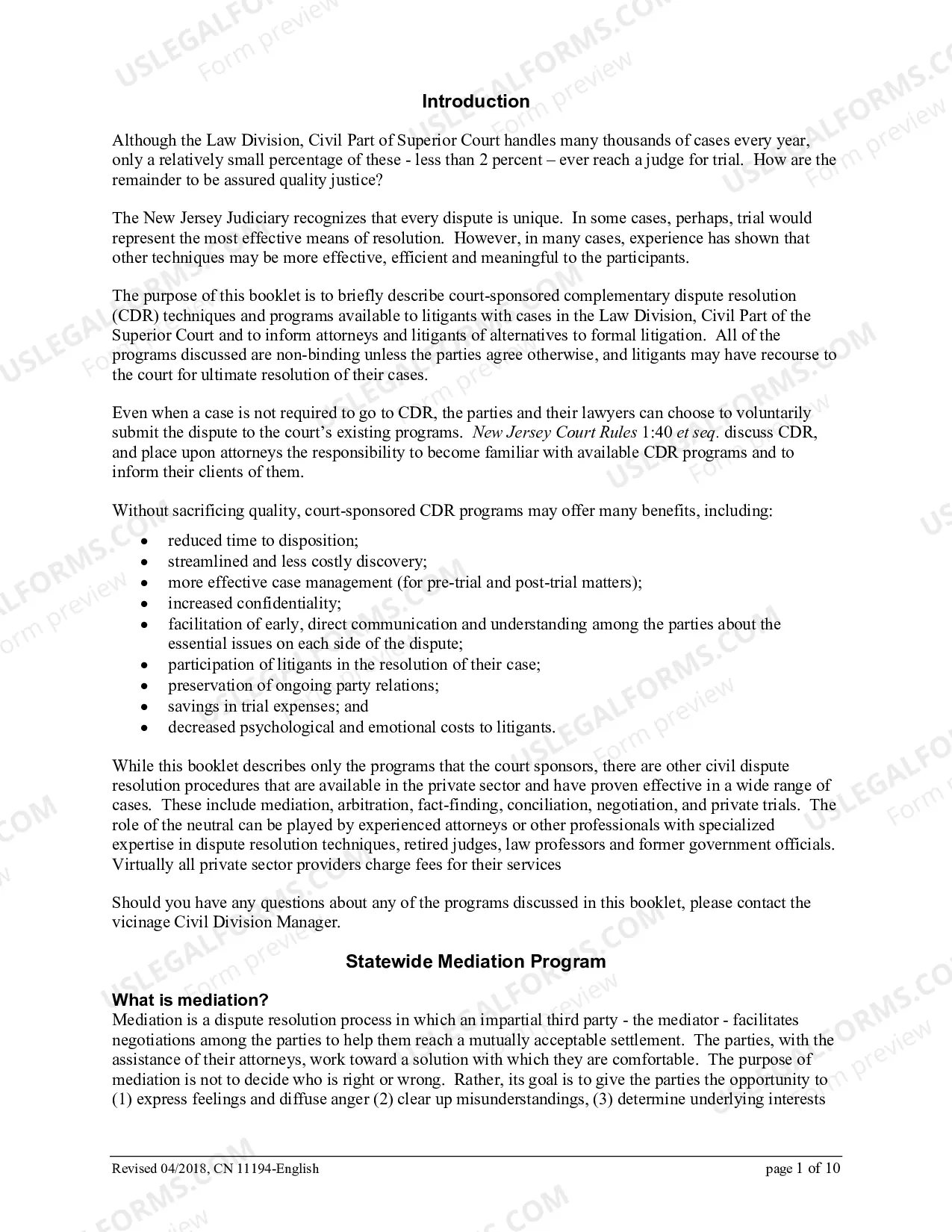 Preview Law Division,Civil Part - Complementary Dispute Resolution (CDR) Programs - Resolving Civil Cases Without a Trial - brochure