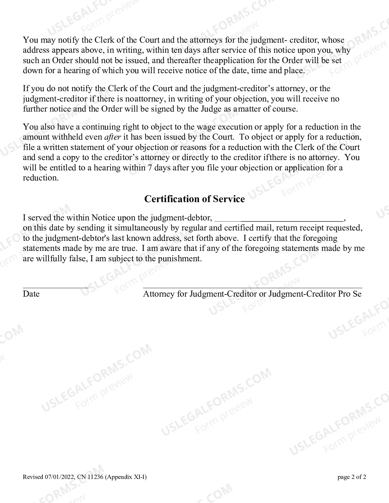 Preview Notice of Application for Wage Execution - Appendix XI-I