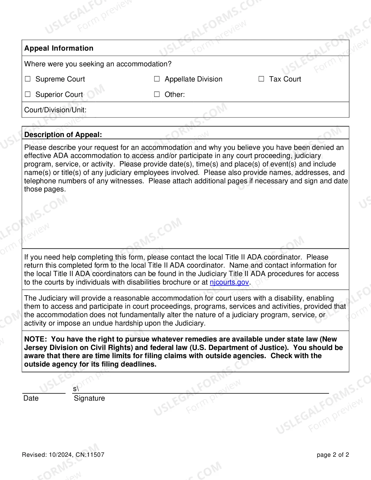 Preview Americans with Disabilities Act (ADA) Accommodation Appeal Form for Court Users