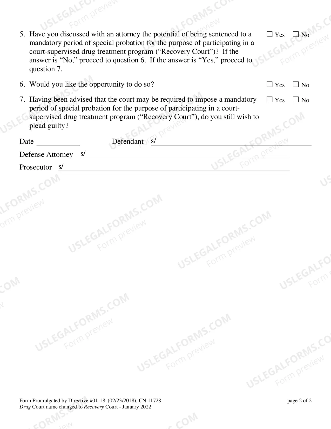 Preview Plea-DC (12) Supplemental Plea Form Mandatory Sentence to Special Probation Pursuant to N.J.S.A. 2C:35-14.2 "Drug Court"