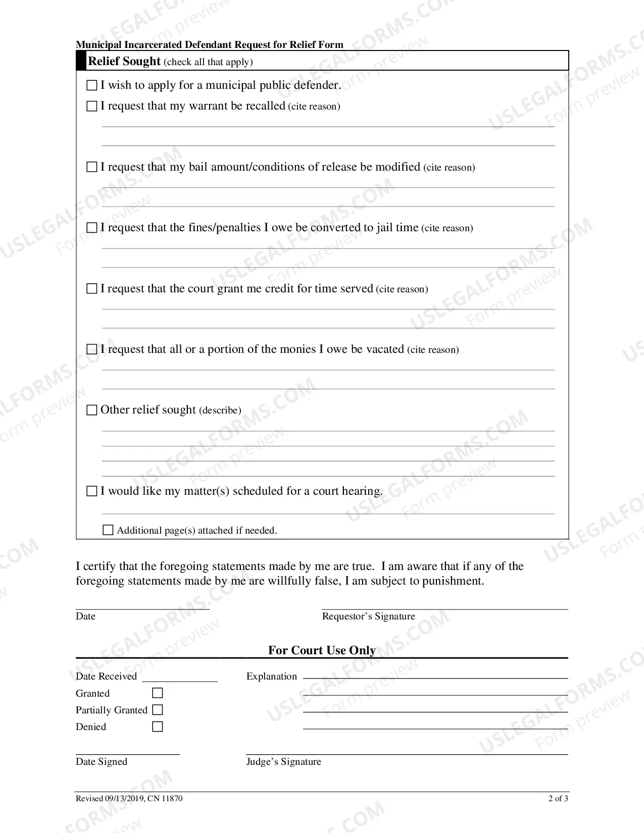 Preview Incarcerated Defendant Request for Relief form