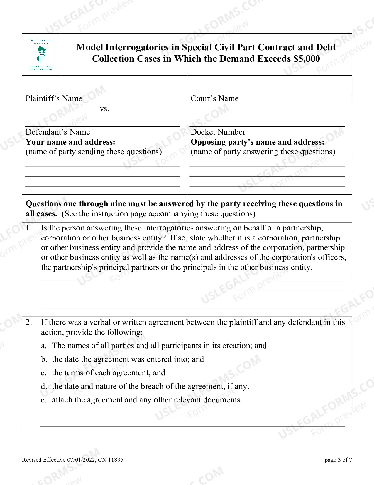 Preview Special Civil Part Interrogatories - Model Questions for Contract and Debt Collection Cases Where the Demand Exceeds $3,000