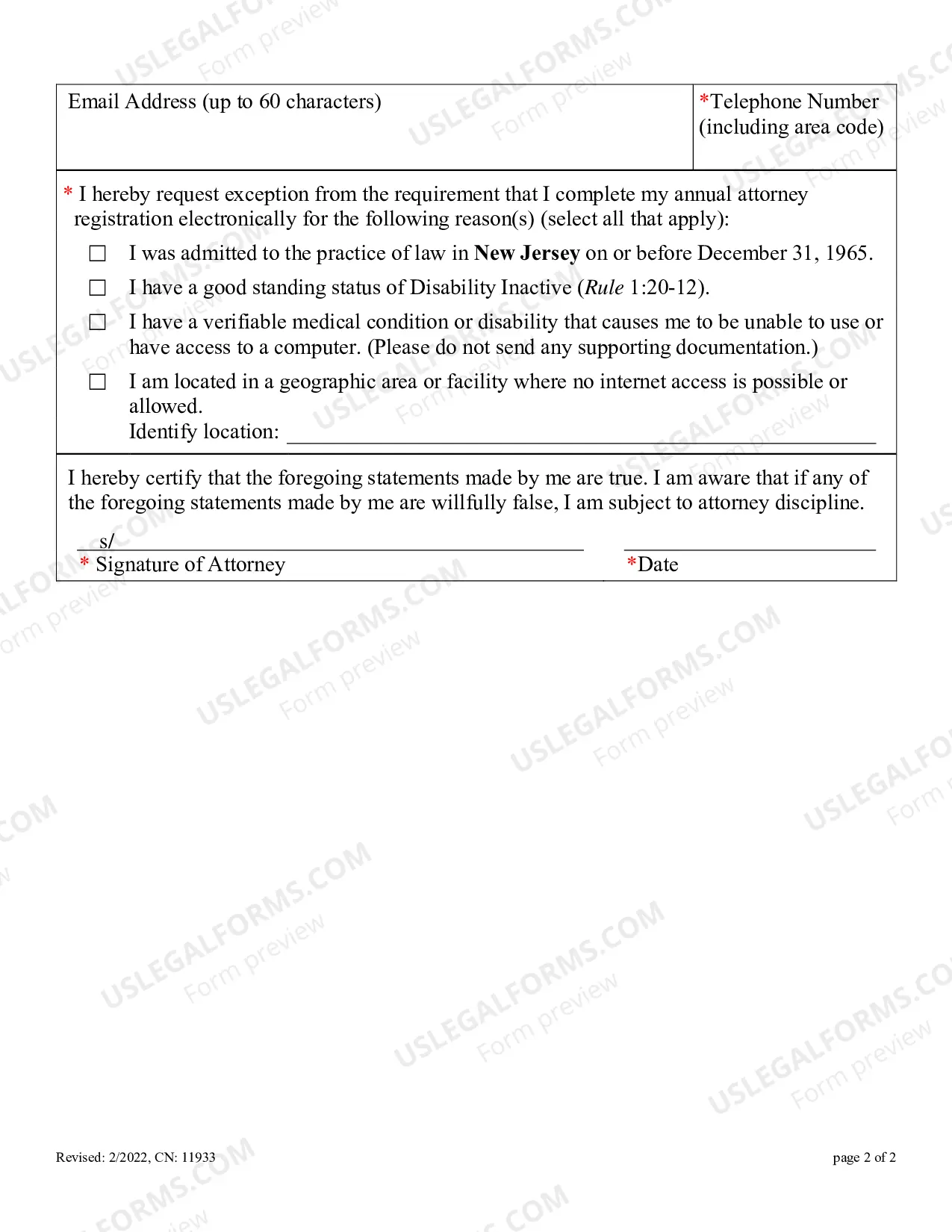 Preview Exception Request Form - Electronic Attorney Registration and Payment