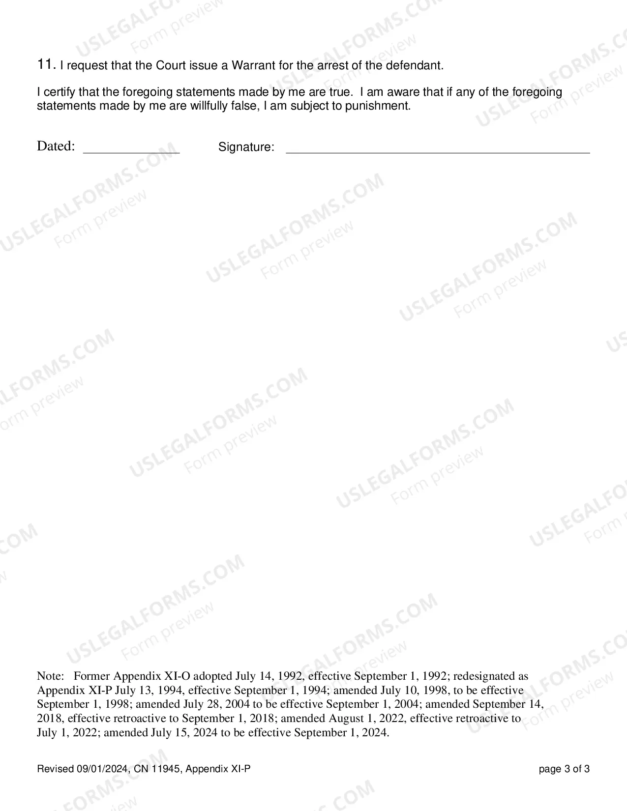 Preview Certification in Support of Application for Arrest Warrant - Appendix XI-P