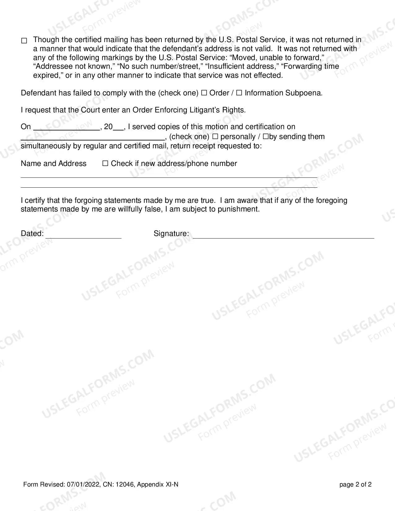 Preview Certification in Support of Motion for Order Enforcing Litigant's Rights - Appendix XI-N