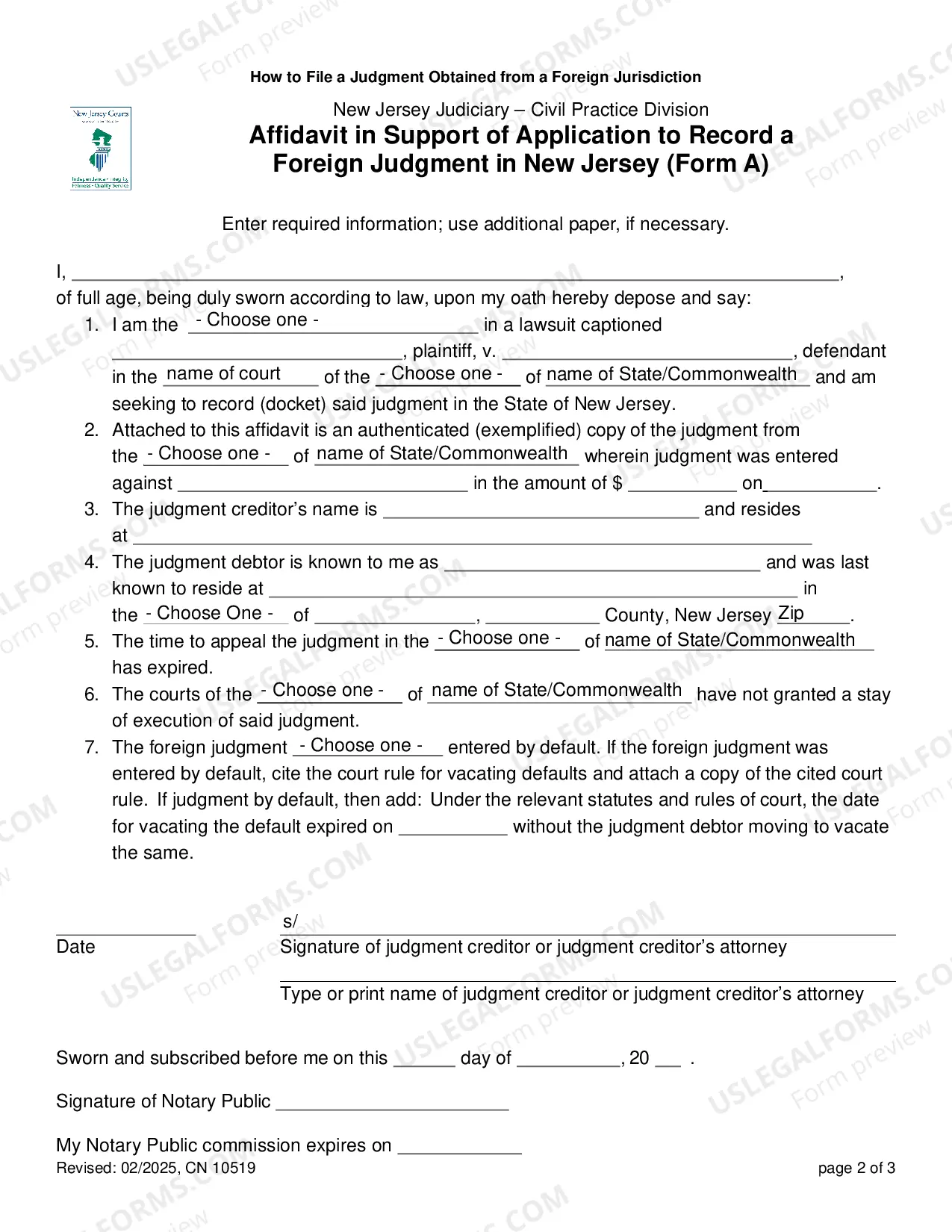 Preview Affidavit In Support of Application to Record Foreign Judgment In New Jersey