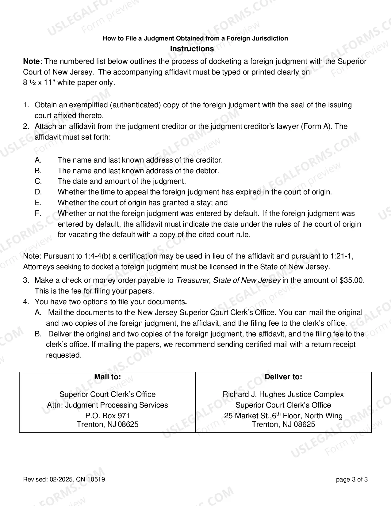 Preview Affidavit In Support of Application to Record Foreign Judgment In New Jersey