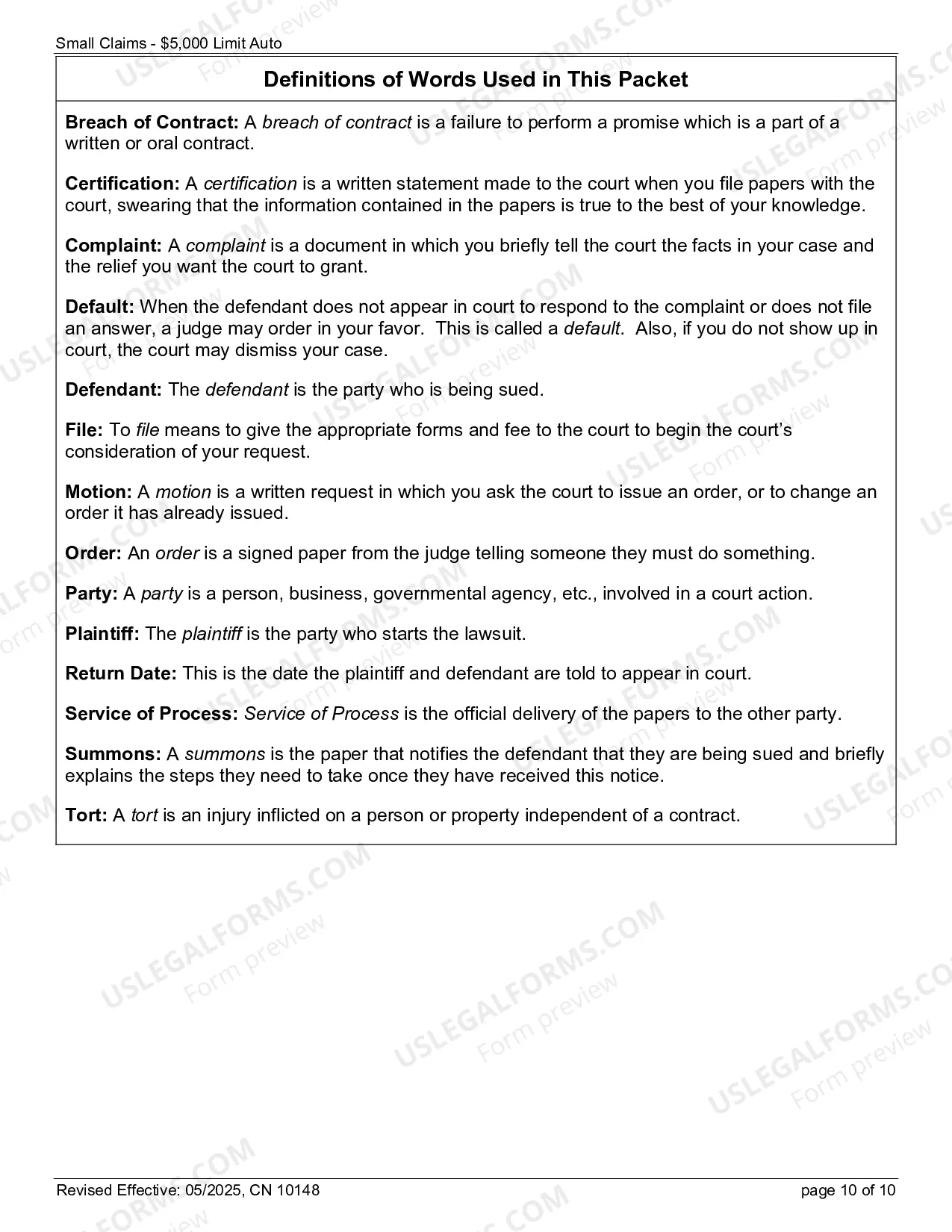 Preview Complaint (Small Claims) - Motor Vehicle