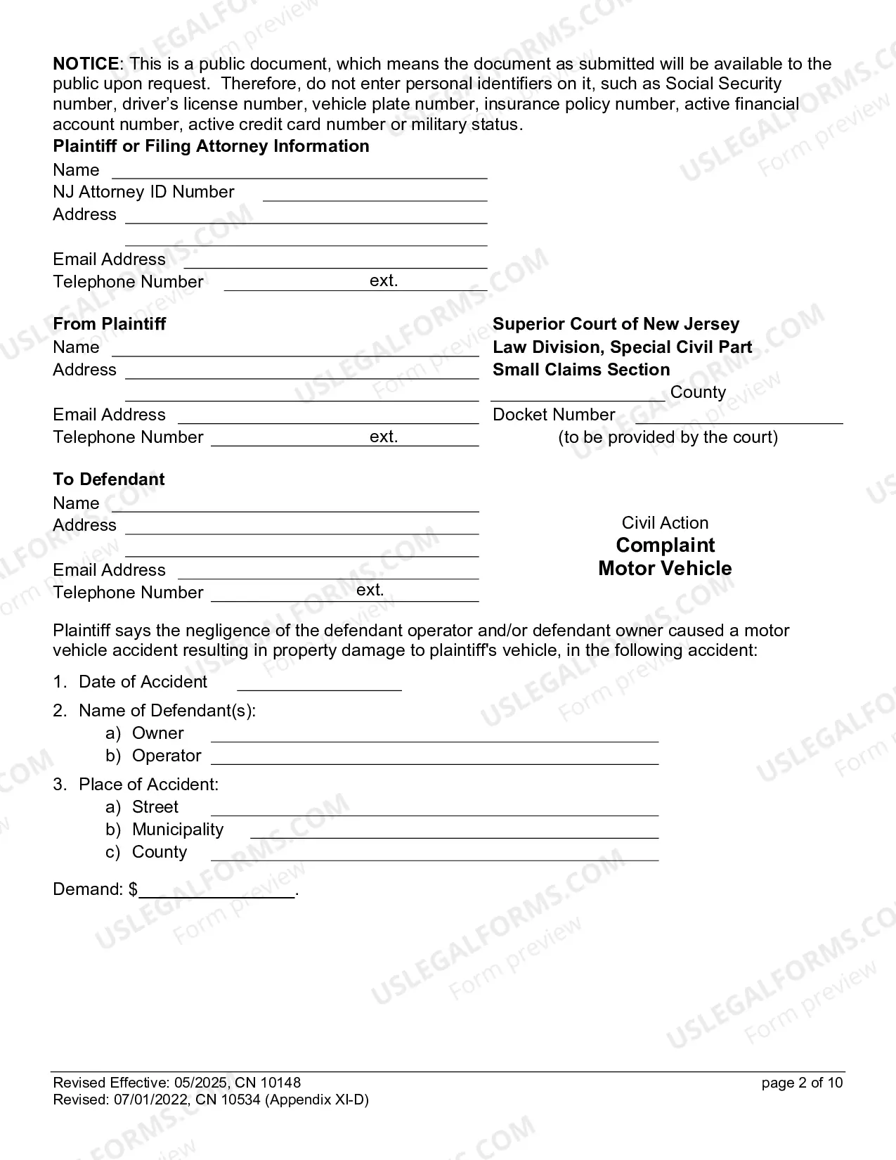 Preview Complaint (Small Claims) - Motor Vehicle