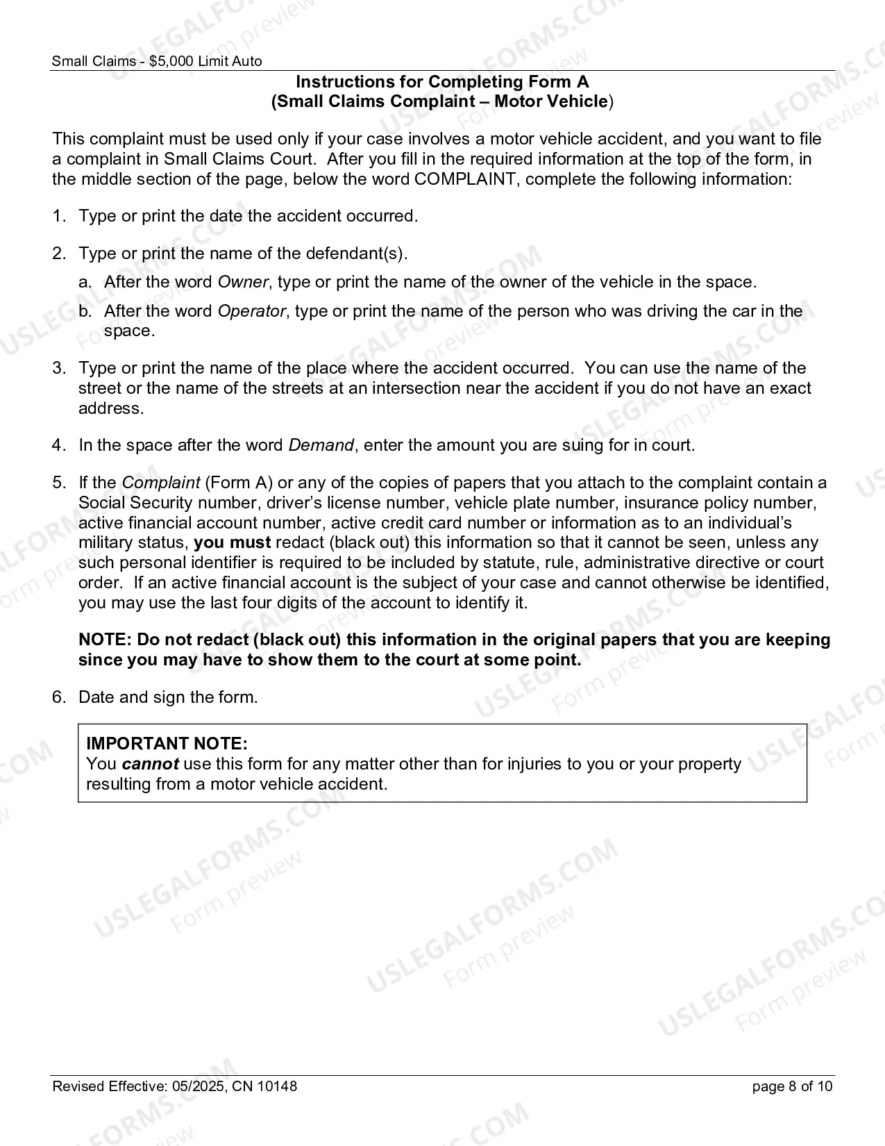 Preview Complaint (Small Claims) - Motor Vehicle