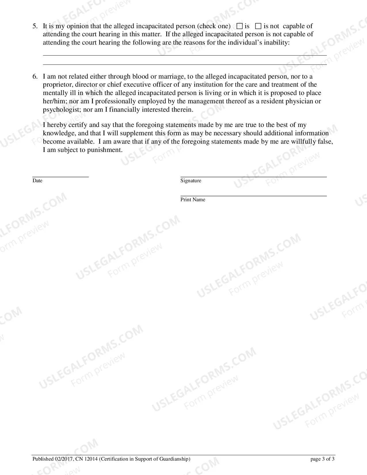 Preview Certification In Support of Guardianship