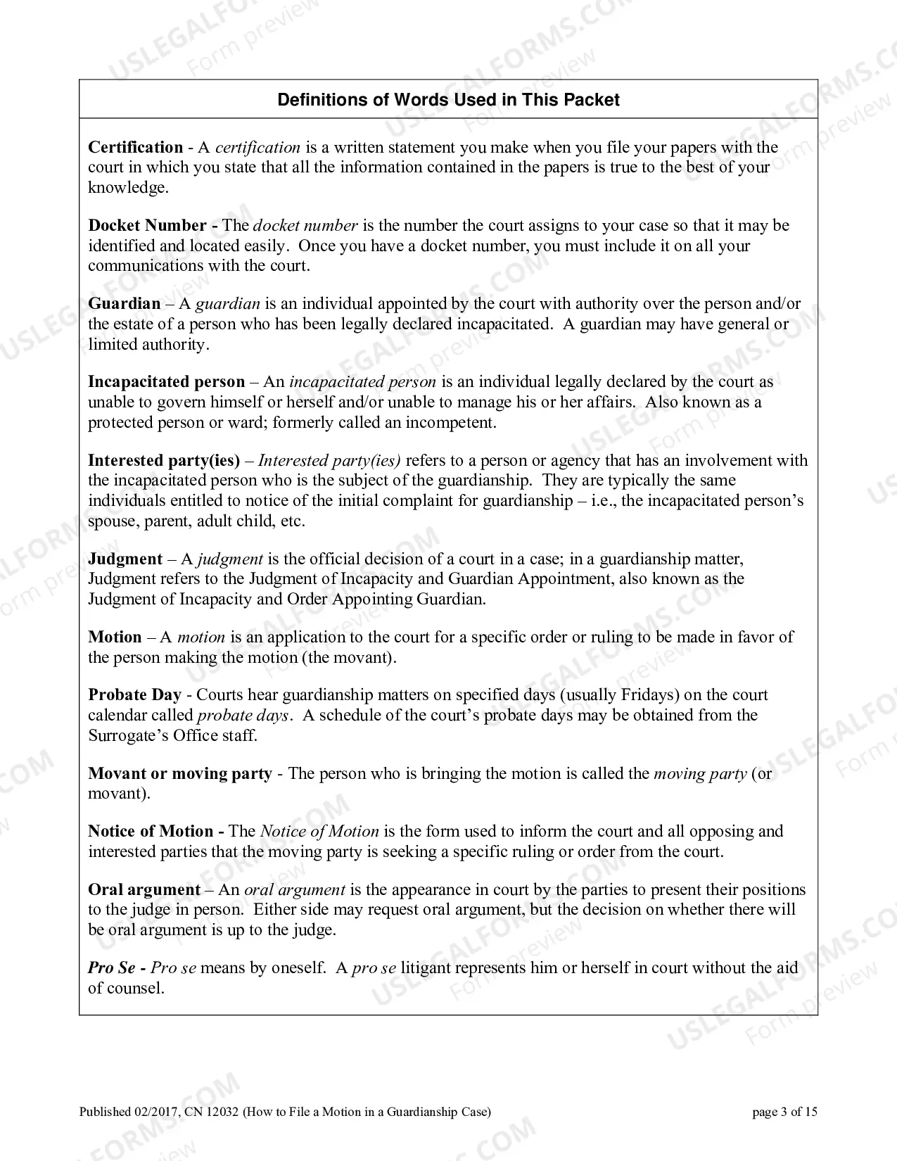 Preview Civil Action Certification In Support of Motion Certification of Service (Guardianship)