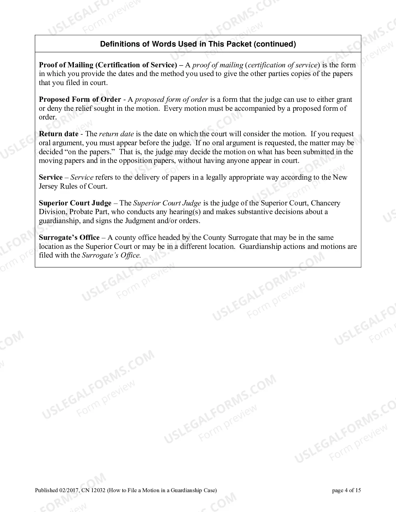 Preview Civil Action Certification In Support of Motion Certification of Service (Guardianship)