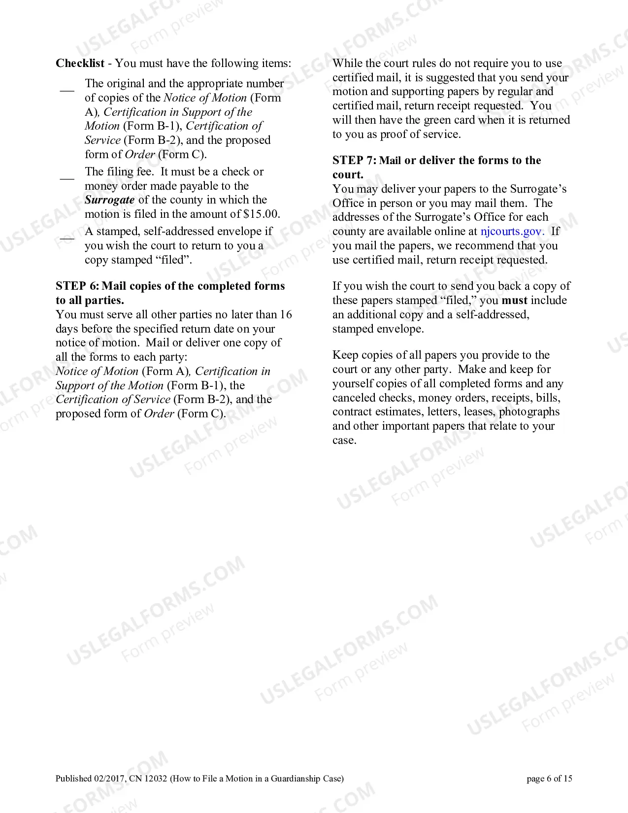Preview Civil Action Certification In Support of Motion Certification of Service (Guardianship)