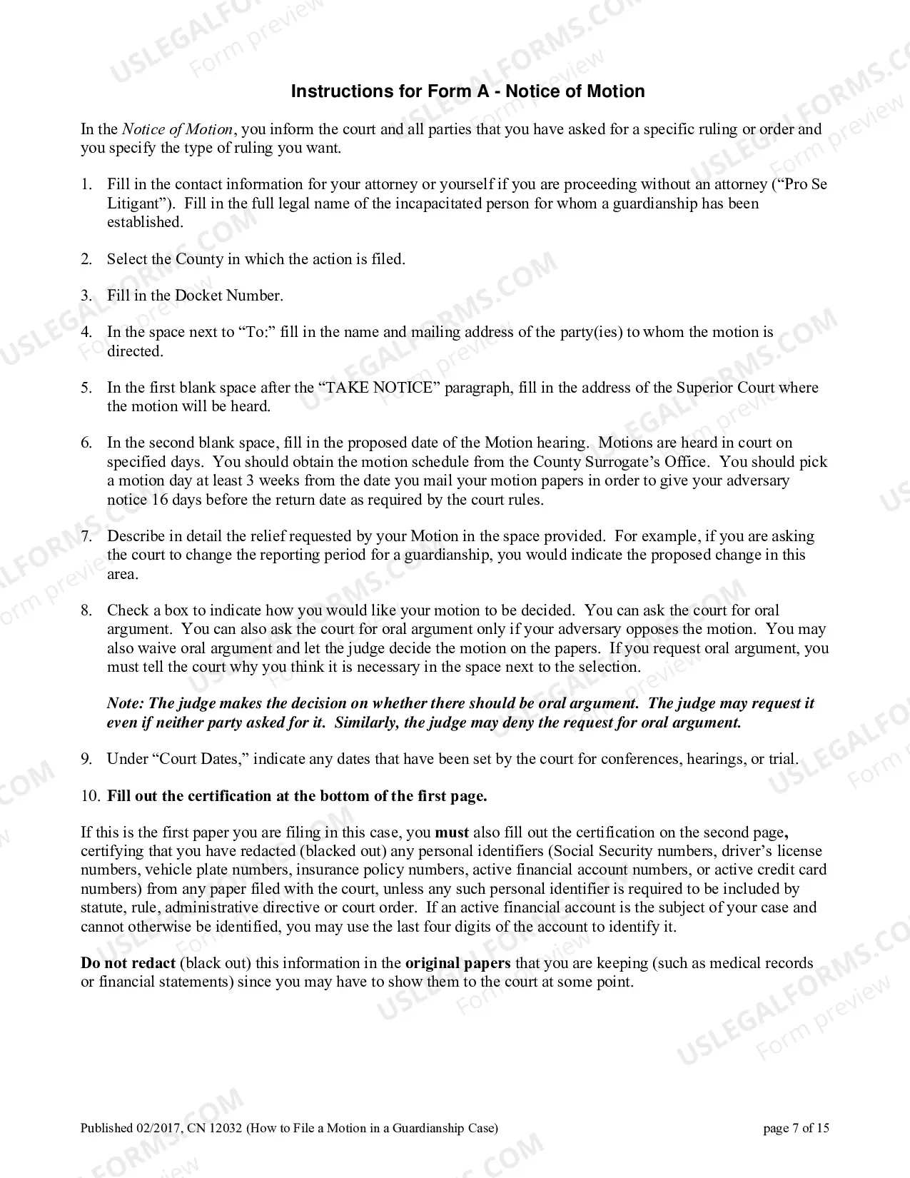 Preview Civil Action Certification In Support of Motion Certification of Service (Guardianship)