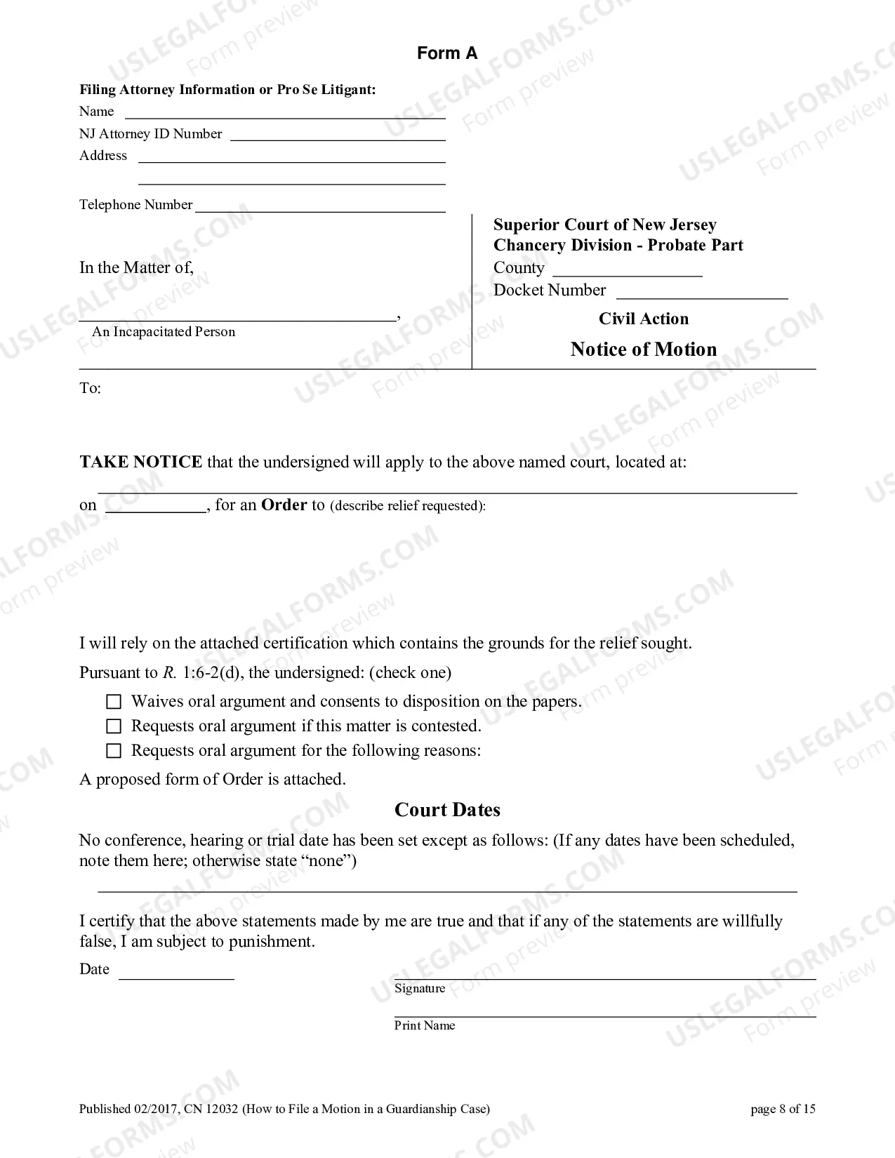 Preview Civil Action Certification In Support of Motion Certification of Service (Guardianship)