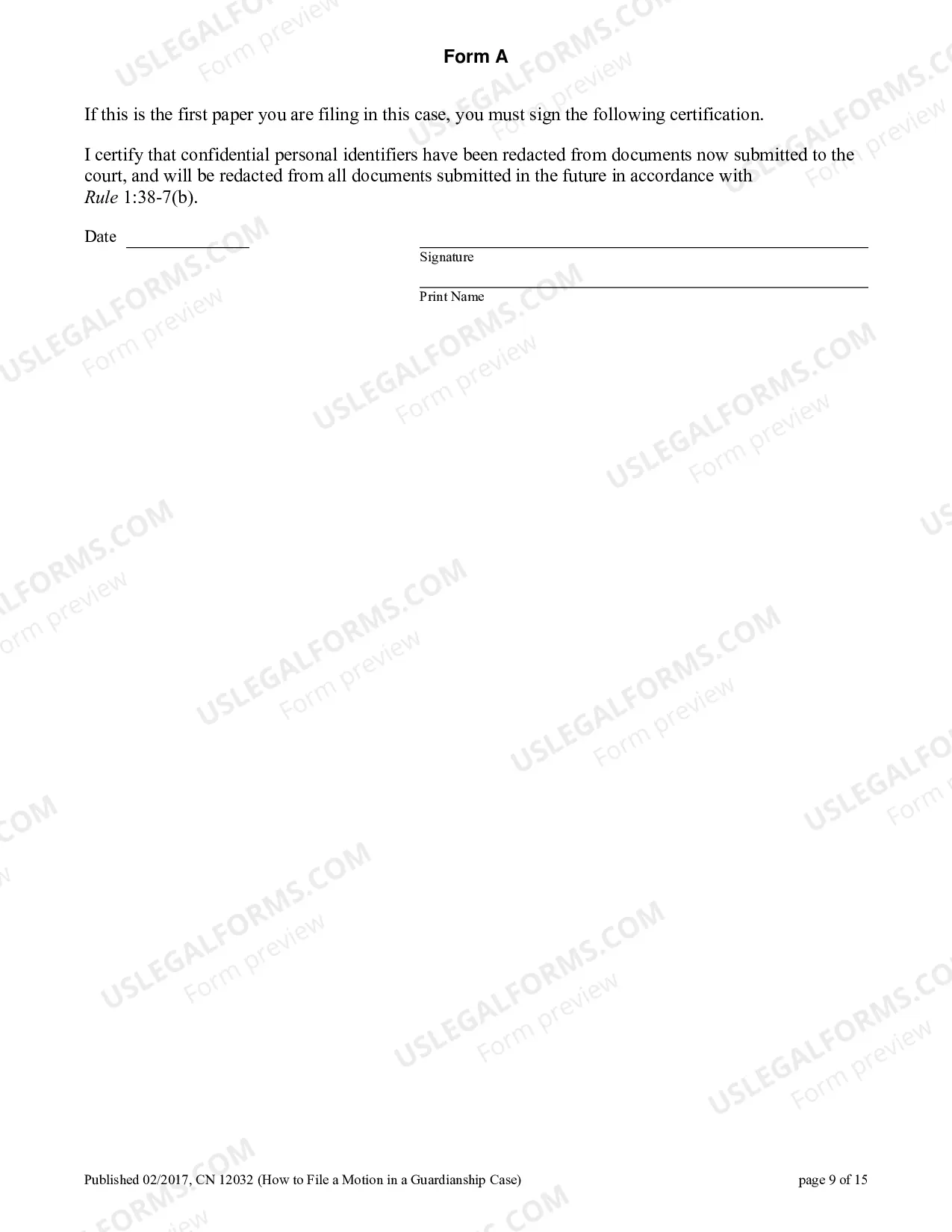 Preview Civil Action Certification In Support of Motion Certification of Service (Guardianship)