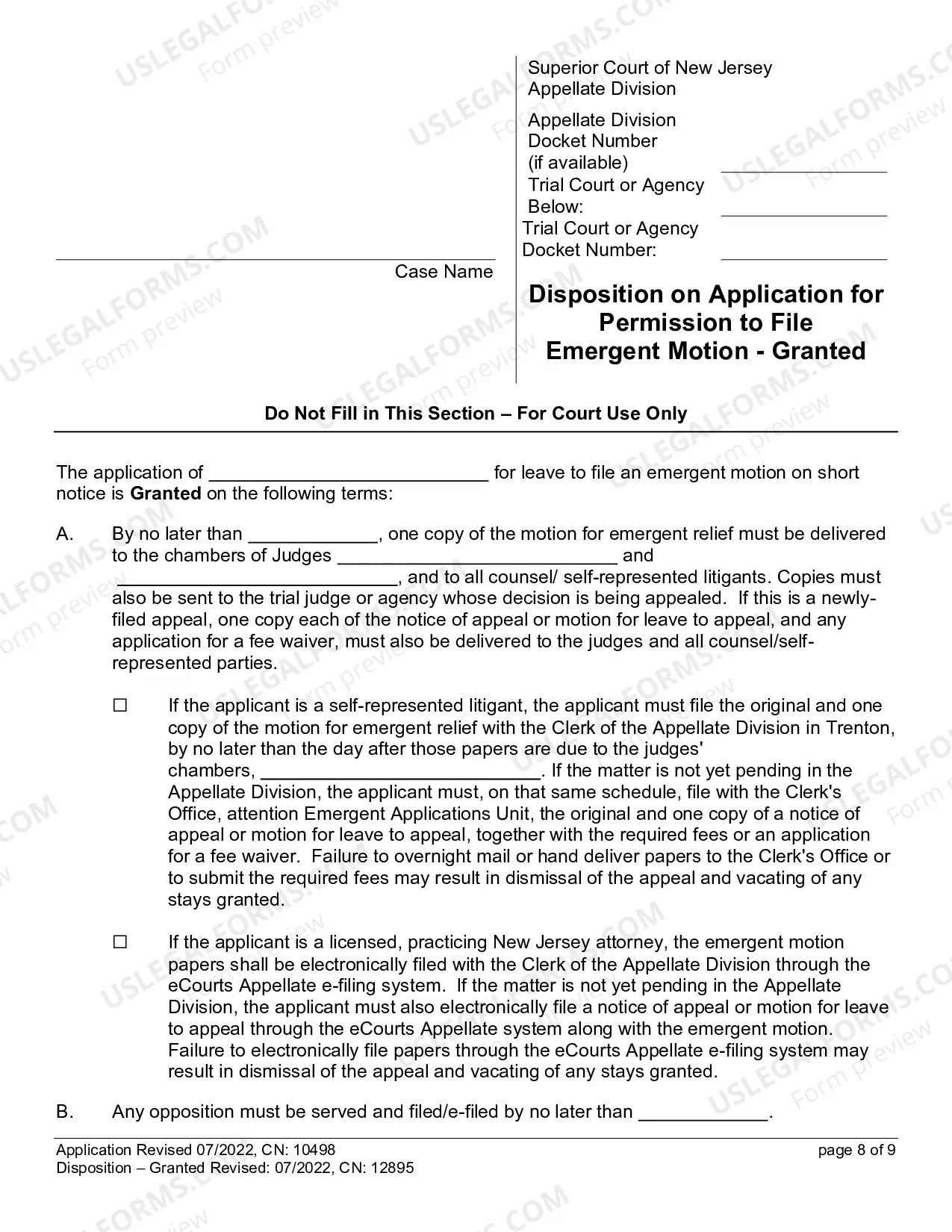 Preview Application for Permission to File Emergent Motion (Form only)