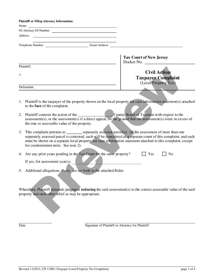 New Jersey Civil Action Complaint (Real Property Tax) | US Legal Forms