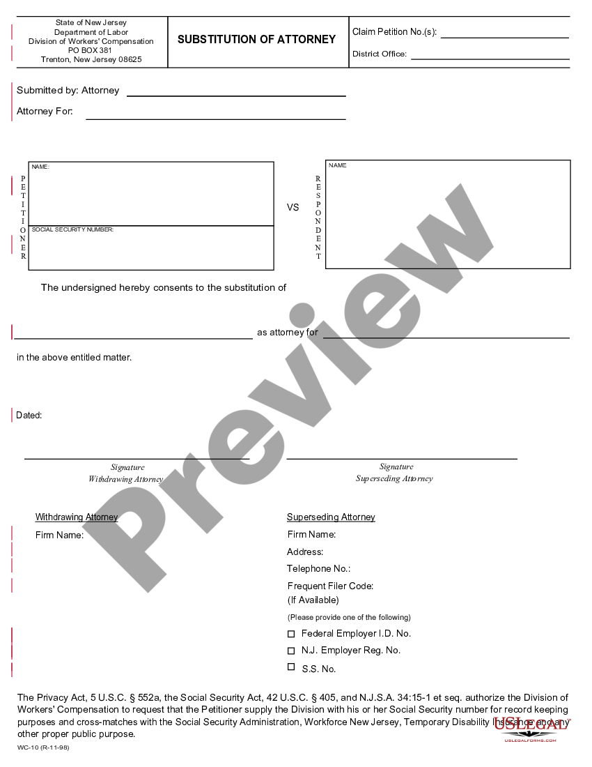 New Jersey Substitution of Attorney for Workers' Compensation ...