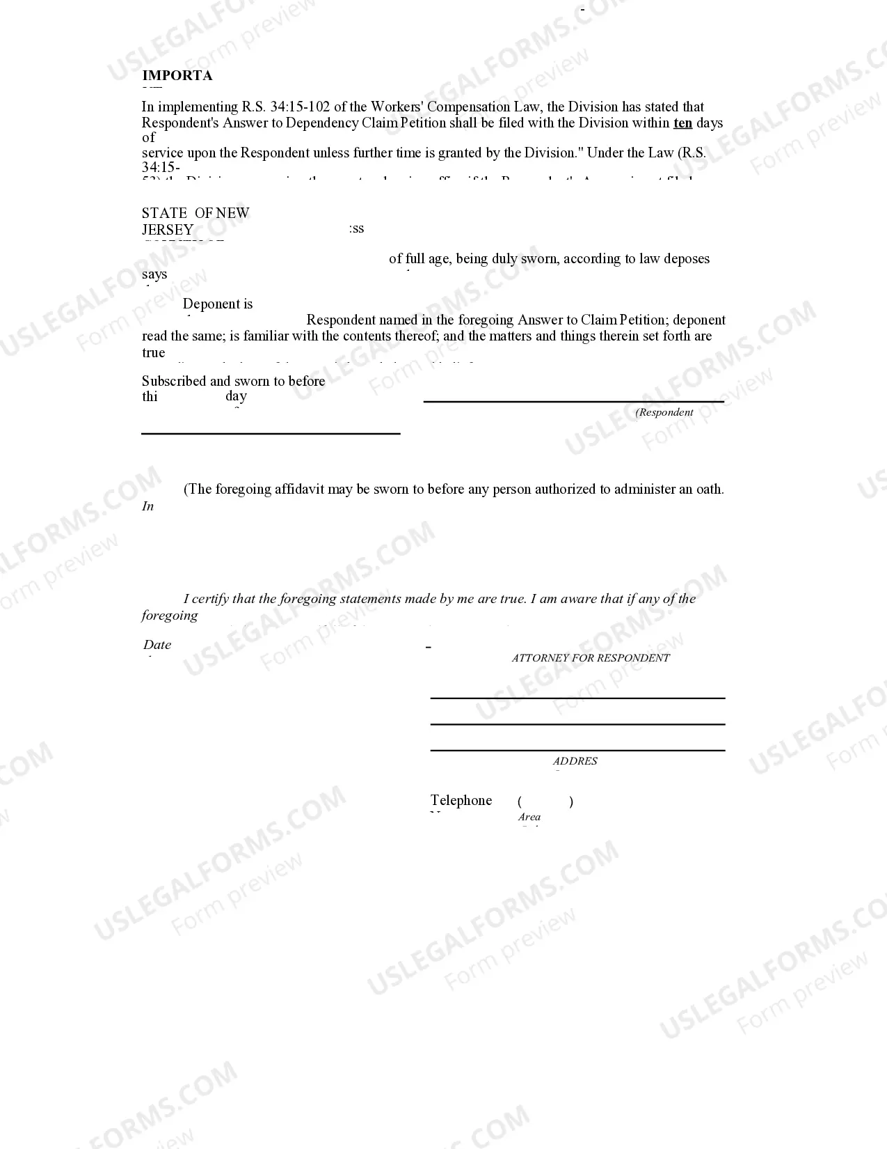Preview Respondents Answer for Workers' Compensation
