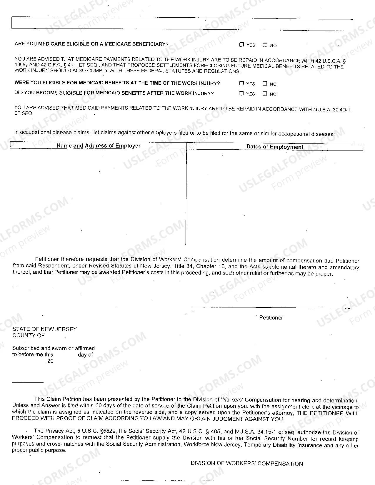 Preview Employees Claim Petition for Workers' Compensation