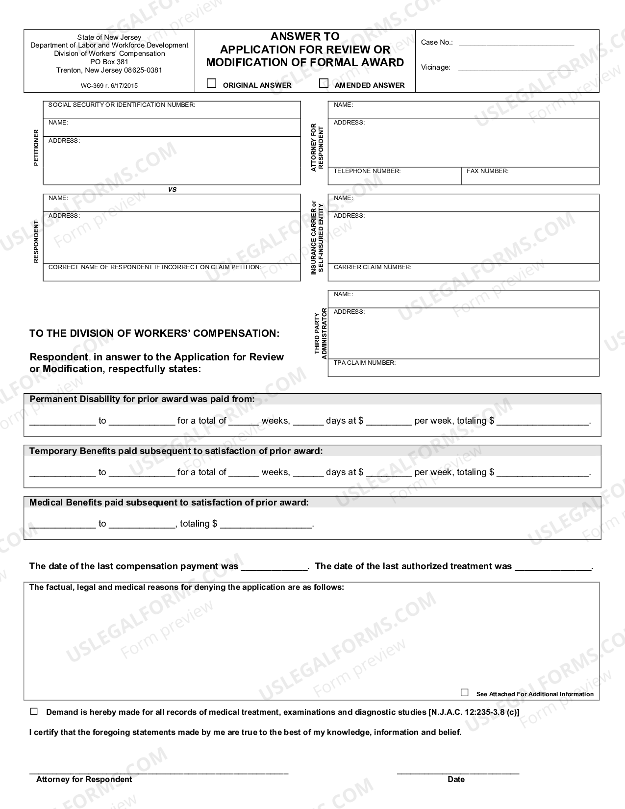 New Jersey Answer to Application for Review for Workers' Compensation