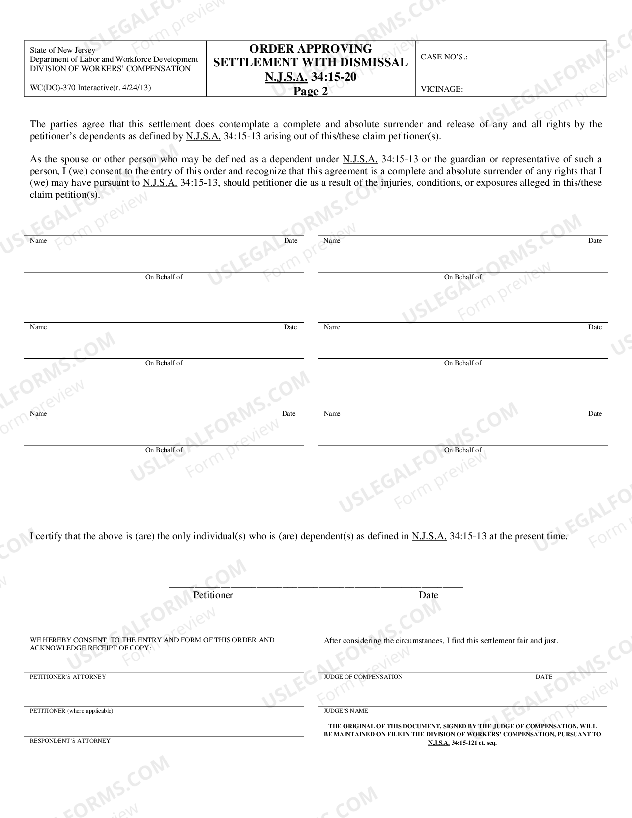 New Jersey Order Approving Settlement for Workers' Compensation US