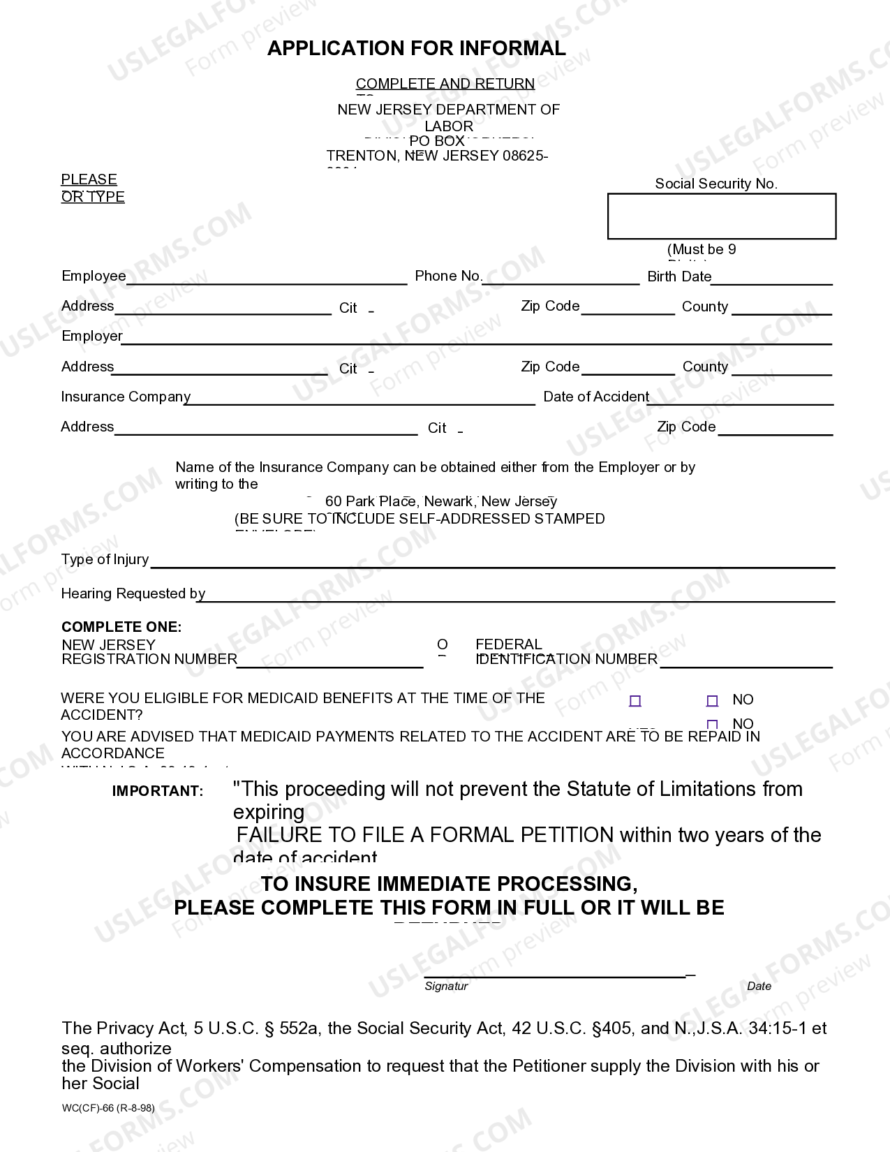 New Jersey Application for Informal Hearing for Workers' Compensation