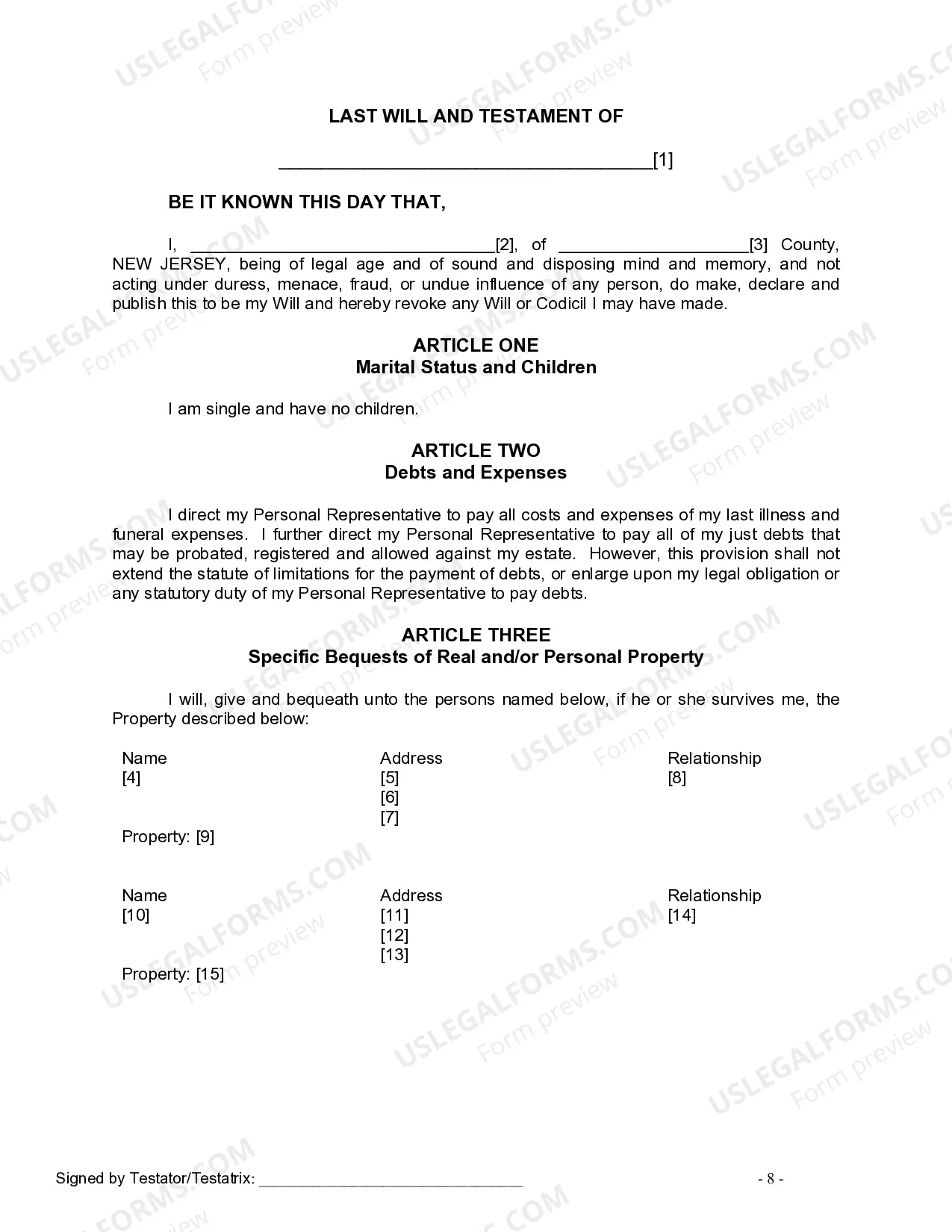 Preview Last Will and Testament for Single Person with No Children