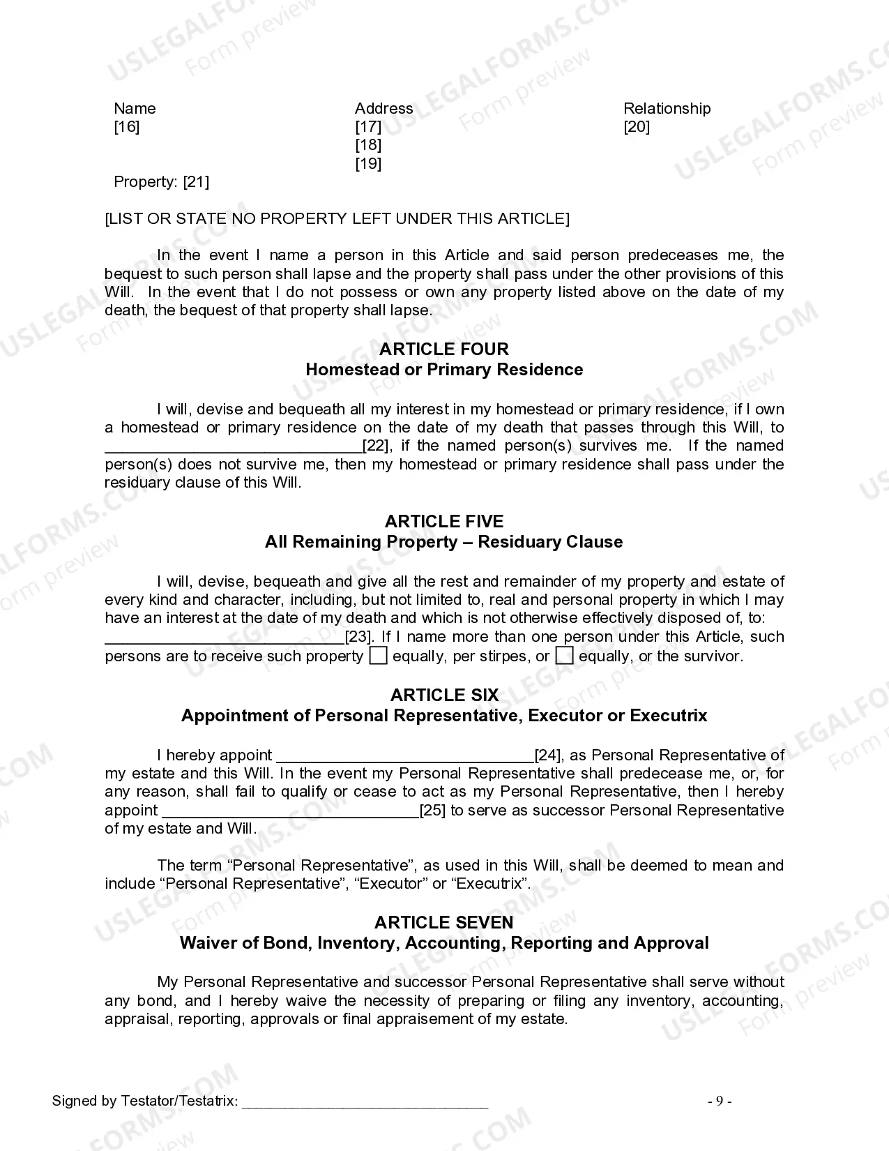 Preview Last Will and Testament for Single Person with No Children