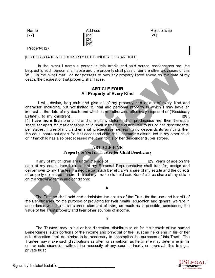 Preview Last Will and Testament for a Single Person with Minor Children