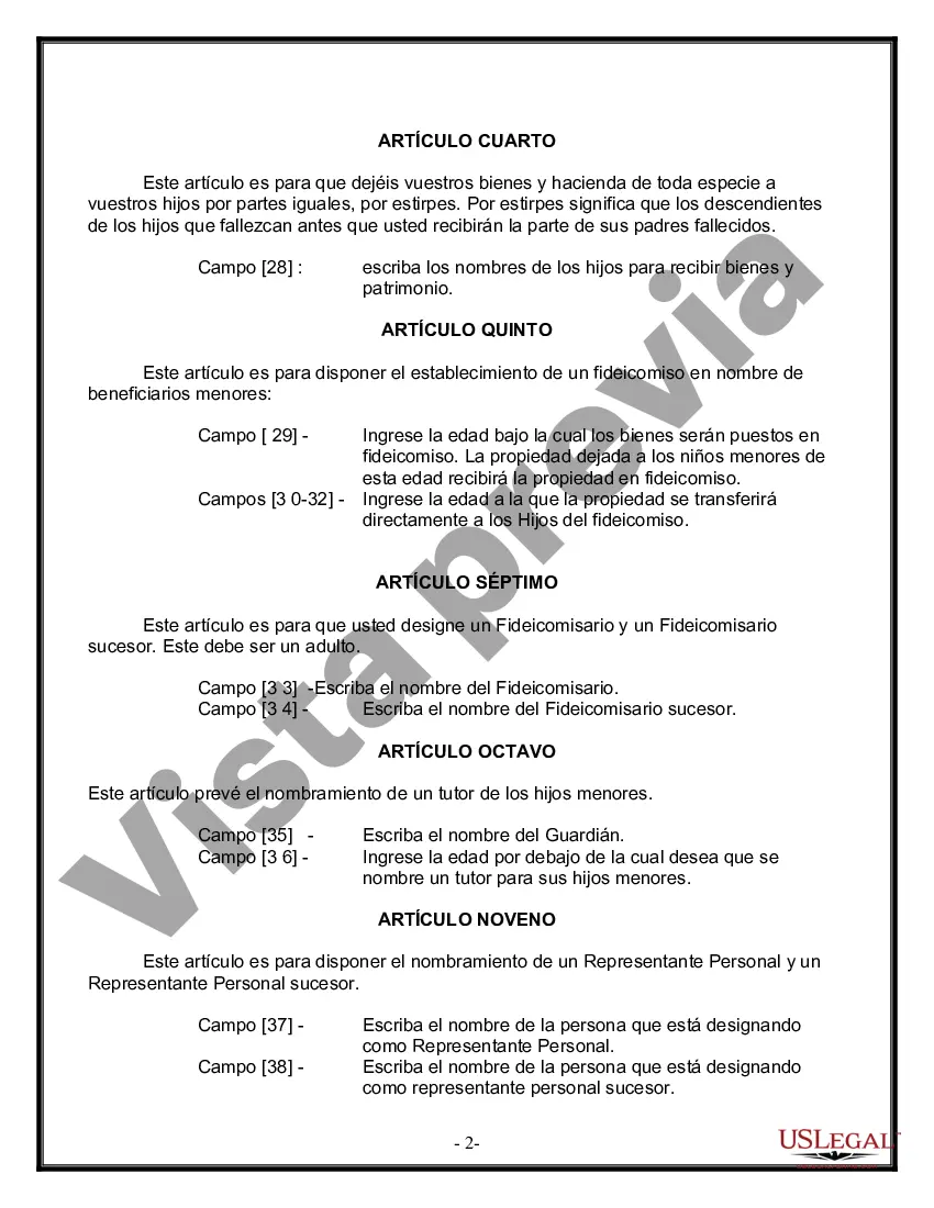 Preview Formulario Legal de Última Voluntad y Testamento para Persona Soltera con Hijos Adultos y Menores