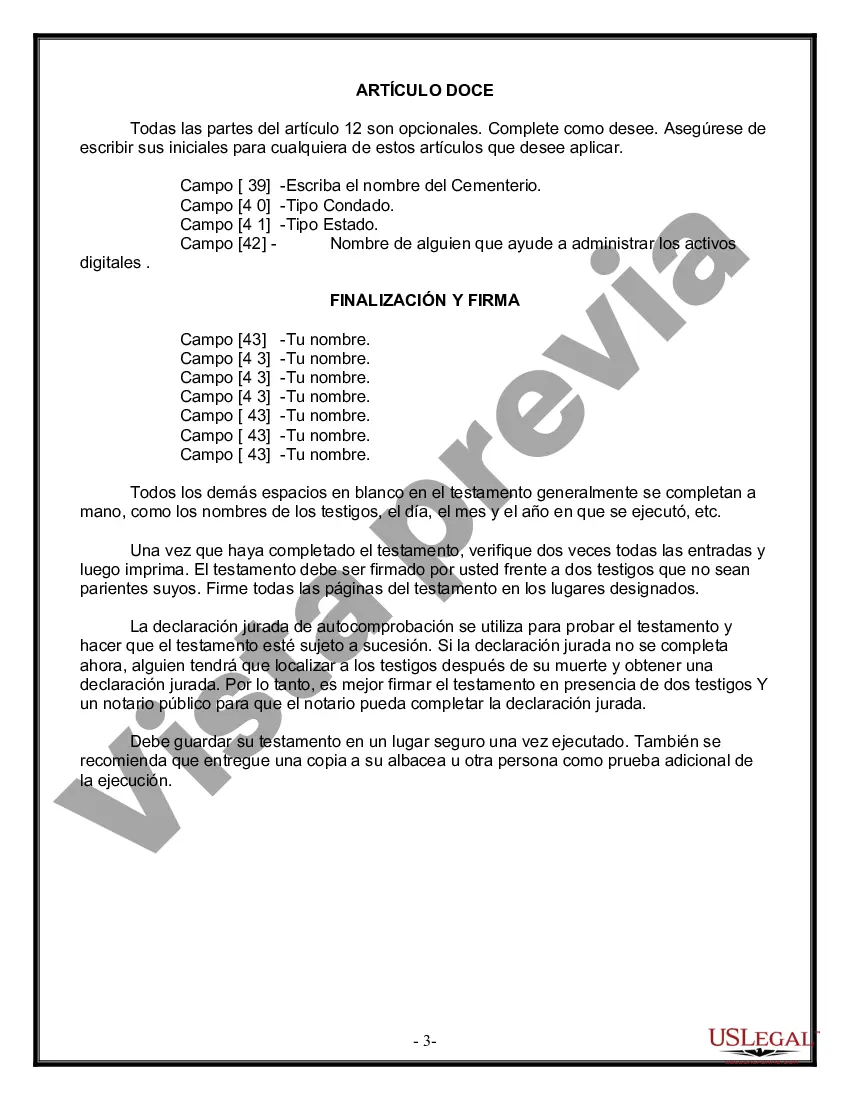 Preview Formulario Legal de Última Voluntad y Testamento para Persona Soltera con Hijos Adultos y Menores