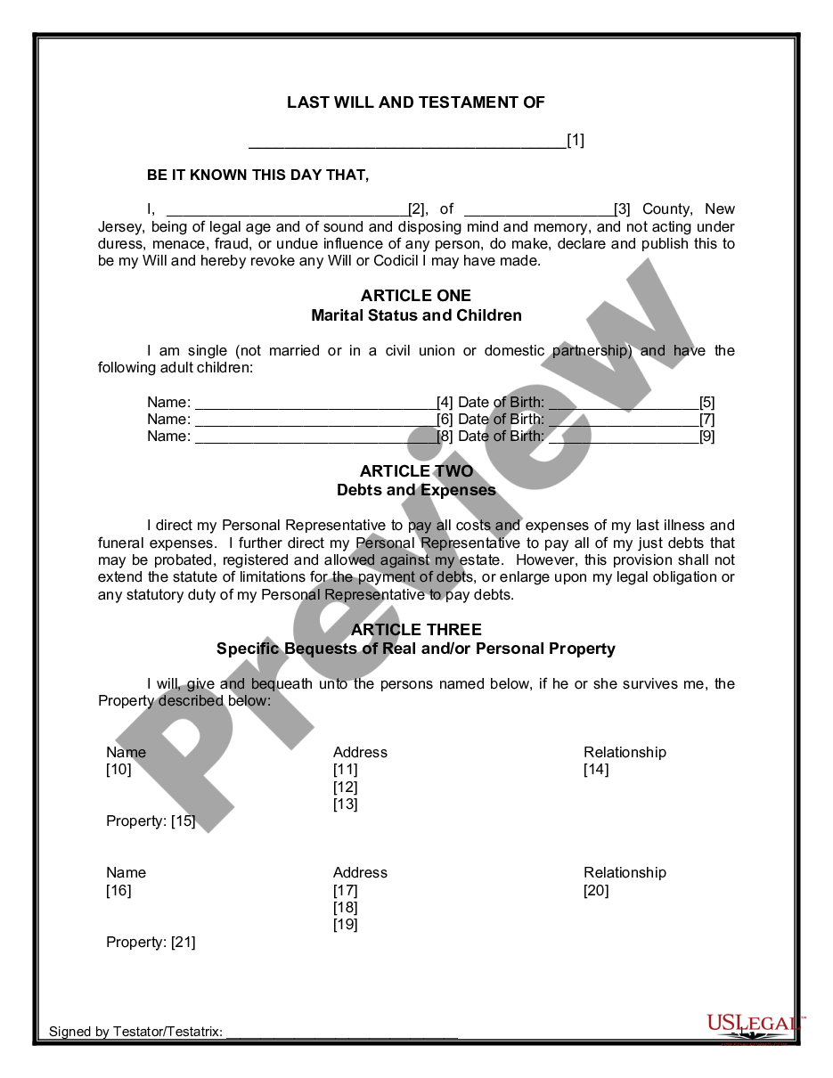 New Jersey Legal Last Will and Testament Form for Single Person with