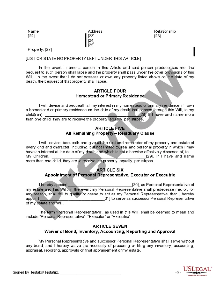 Preview Last Will and Testament for Single Person with Adult Children