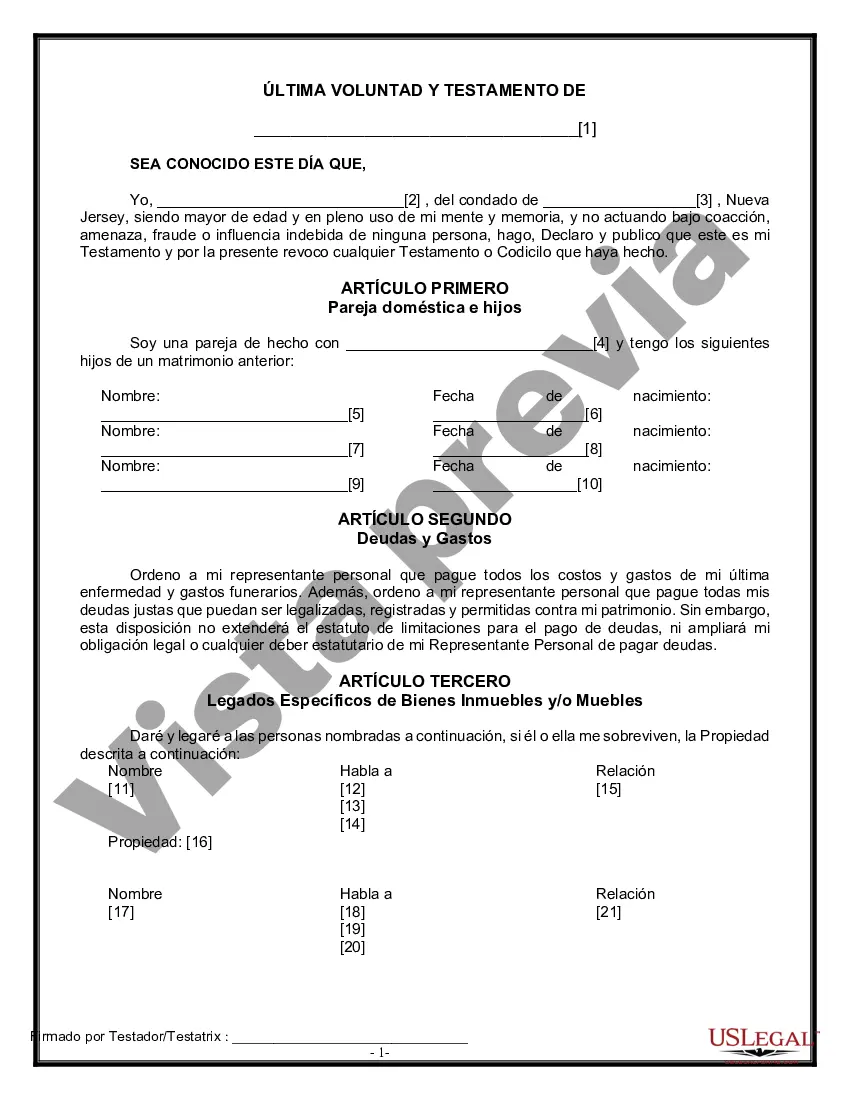 Preview Última voluntad y testamento legal para pareja de hecho con hijos menores de edad de un matrimonio anterior