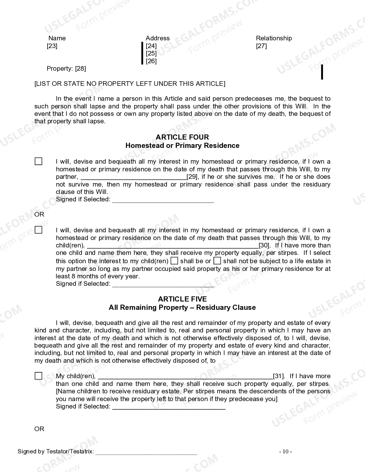 Preview Last Will and Testament for Domestic Partner with Minor Children from Prior Marriage